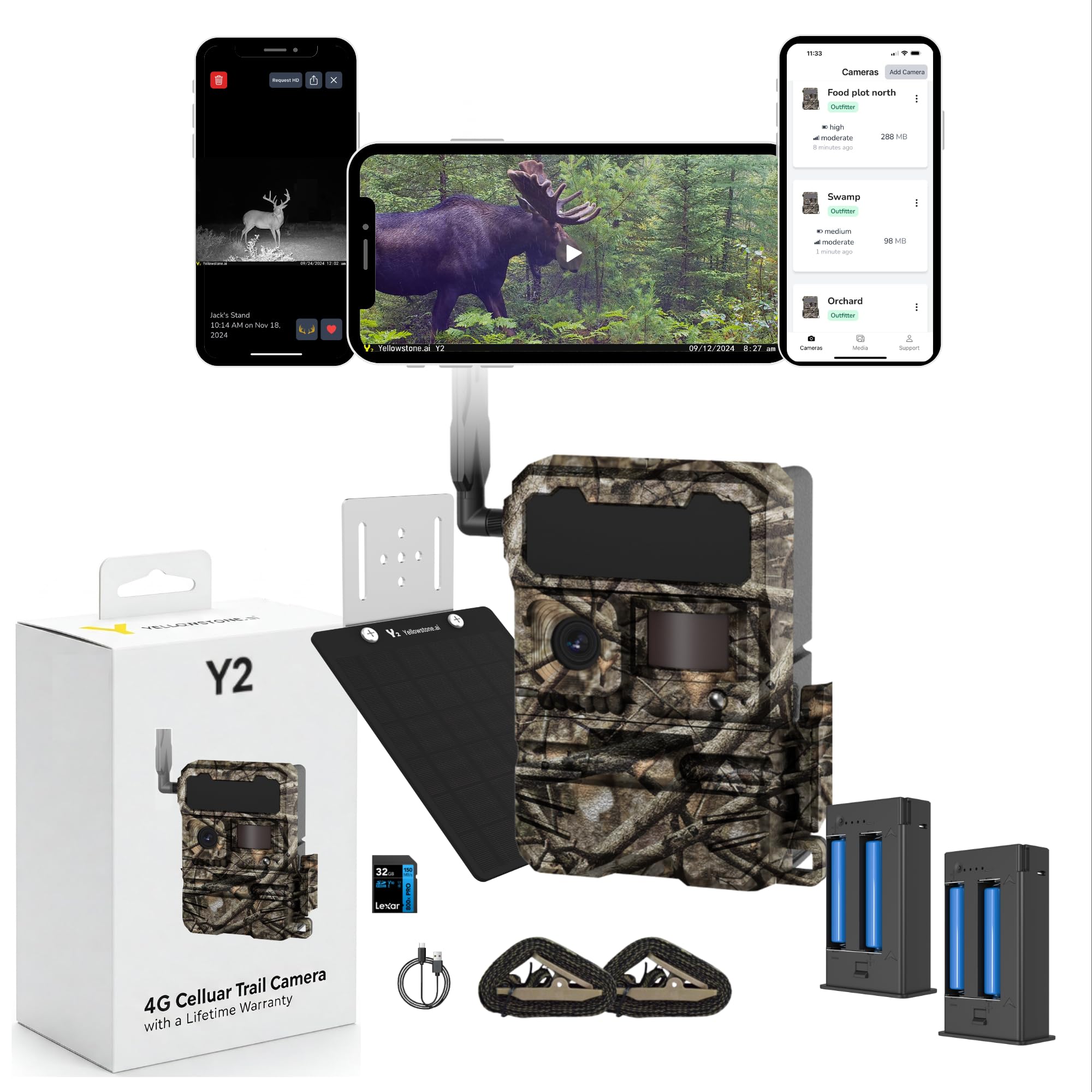 Y2 from Yellowstone.ai - 4G LTE Cellular Trail Camera with Phone App - Bundle with Solar Panel and Two Battery Packs - Night Vis