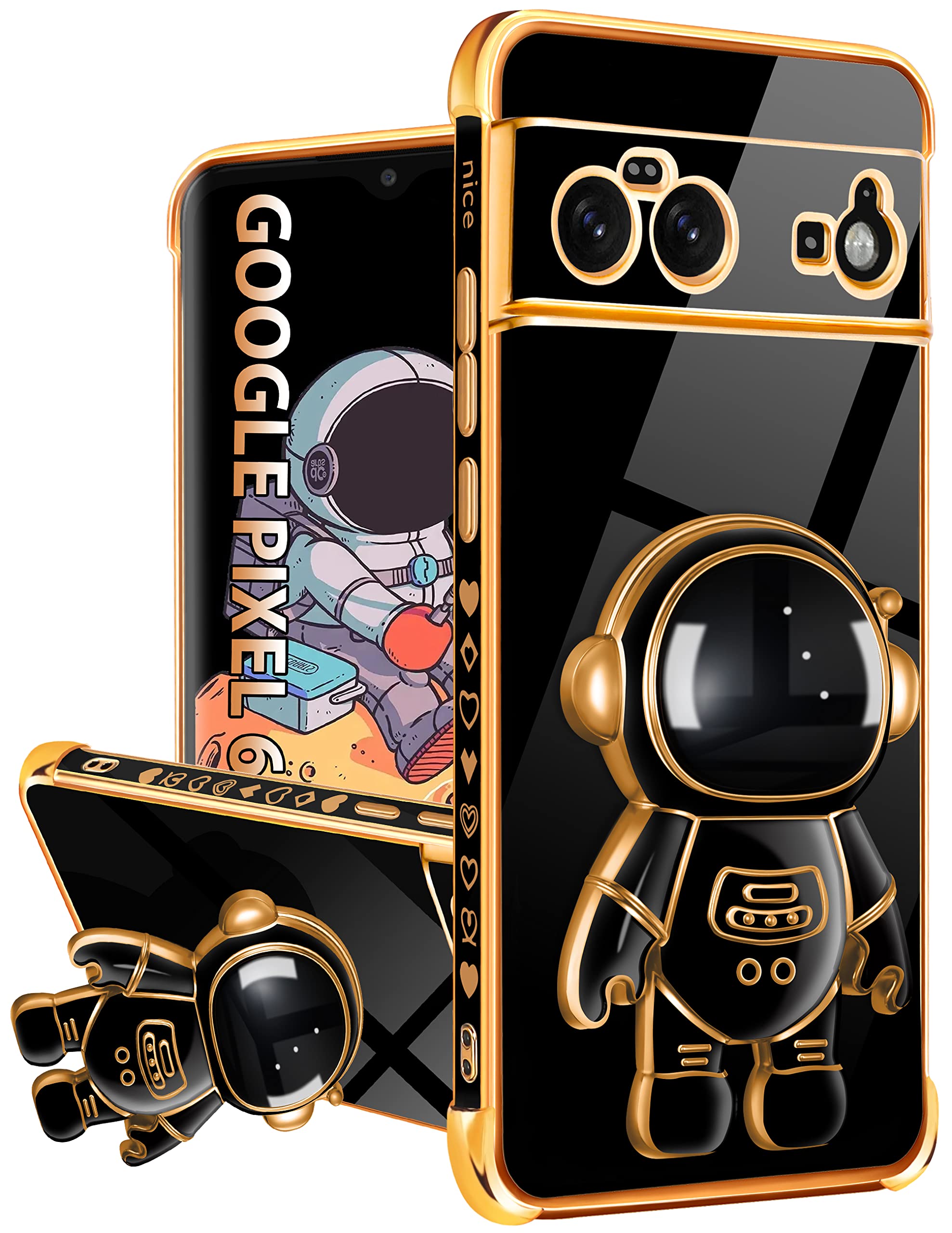 Lotadilo For Google Pixel 6 Case, Pixel 6 Cases With Astronaut Stand For Women Girls, Girly Cute Spaceman Love Heart Gold Platin