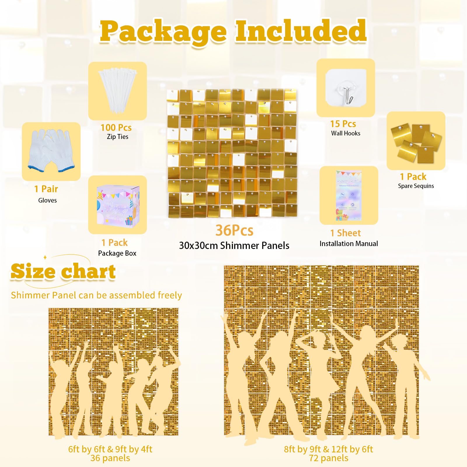 Gold Shimmer Wall Backdrops Sequin Panel Backdrop 36 Panels Birthday Wedding Background Decoration Wall