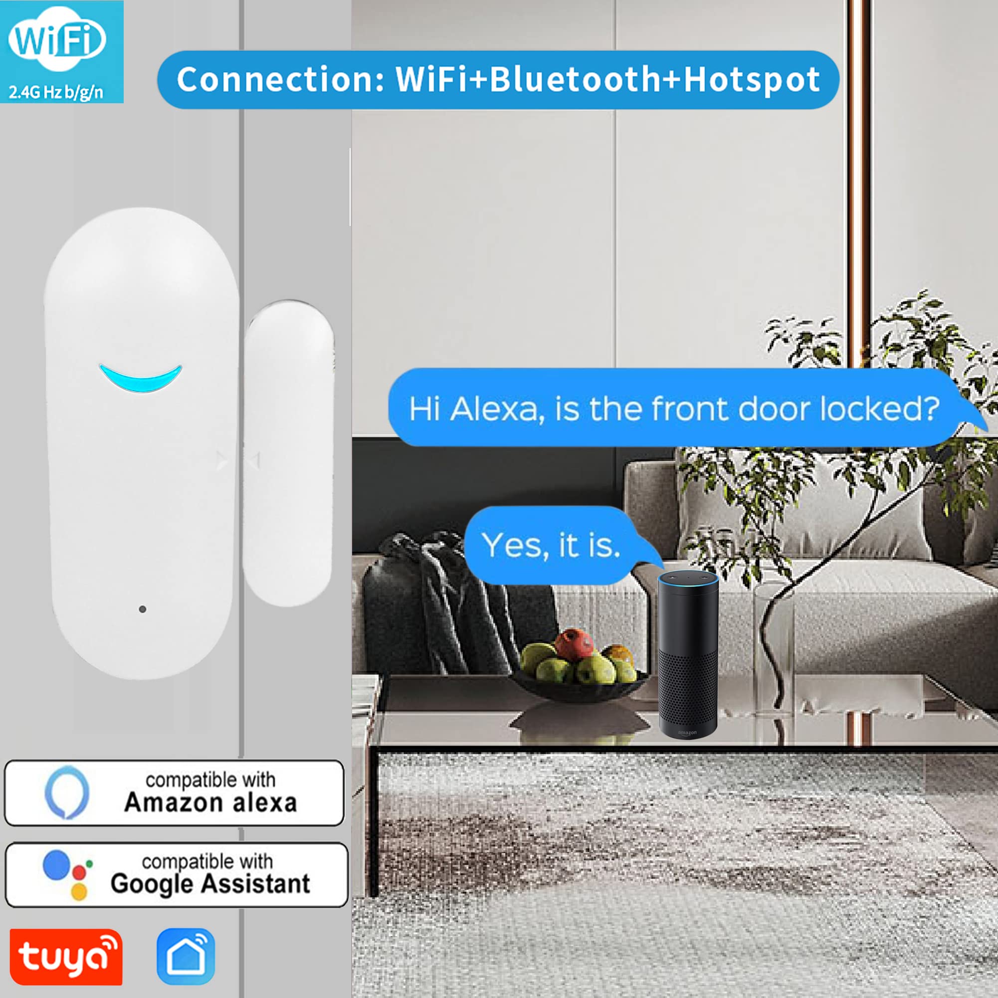 Wifi Door Sensor, Tuya Smart Door Window Sensor,Wireless Window Sensor Real Time Alarm Compatible With Alexa Google Assistant,Ho