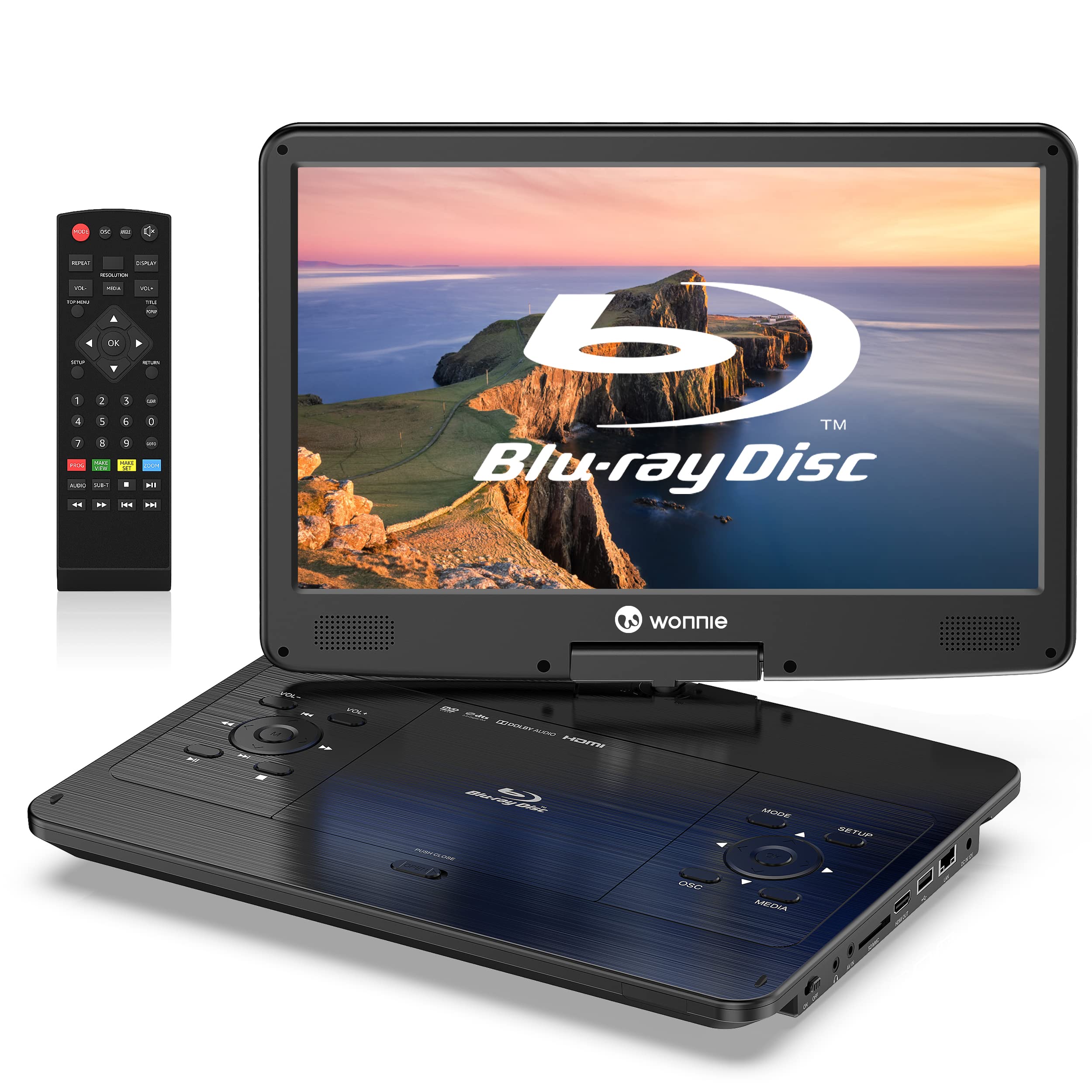 WONNIE 16.9 Portable Blu ray DVD Player with 14.1 1080P HD Swivel Screen, 4-Hour Rechargeable Battery, Supports HDMI Output, Sur