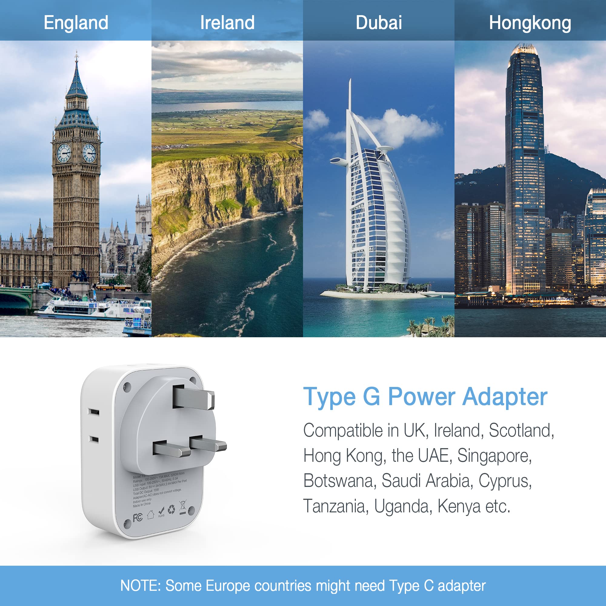 Us To Uk Plug Adapter, Tessan Type G Ireland Travel Adaptor With 4 Electrical Outlet 3 Usb Charger, Usa To England Scotland Lond