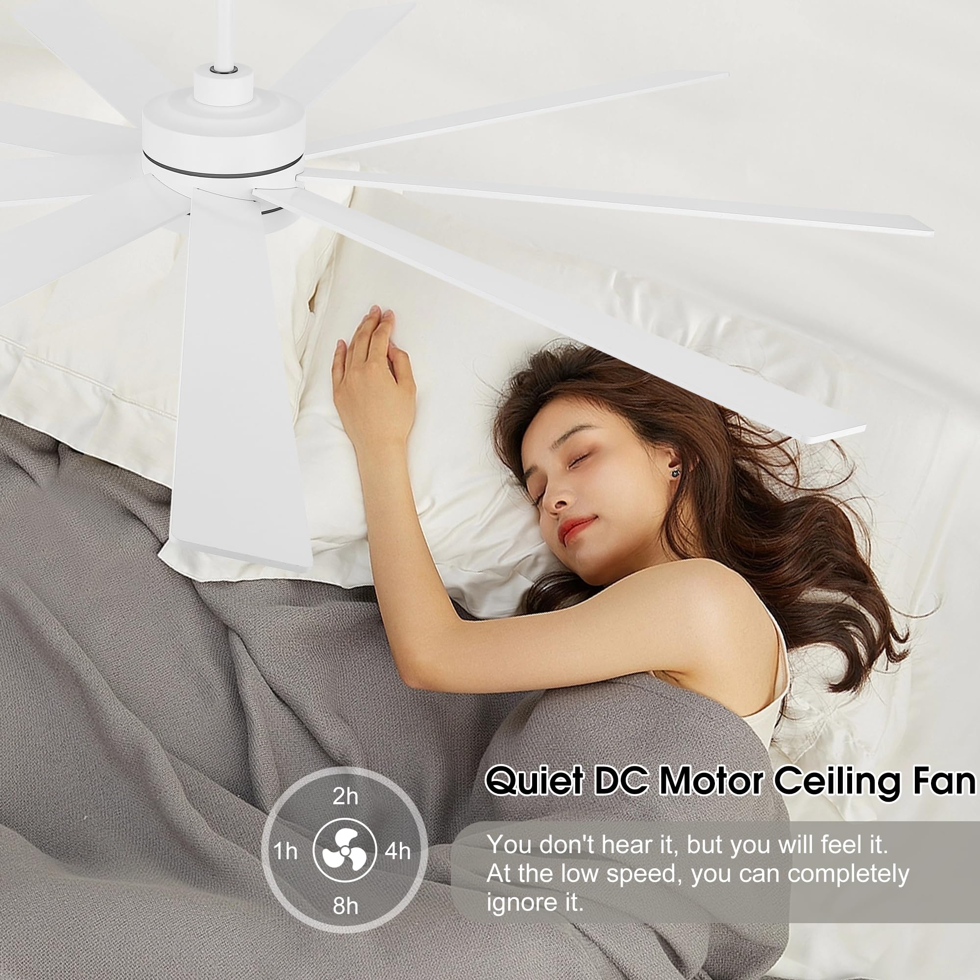 Elehinser 64'' Ceiling Fan No Light White, 6 Speed Noiseless Reversible Dc Motor, 9 Blades Industrial Ceiling Fan With Remote An