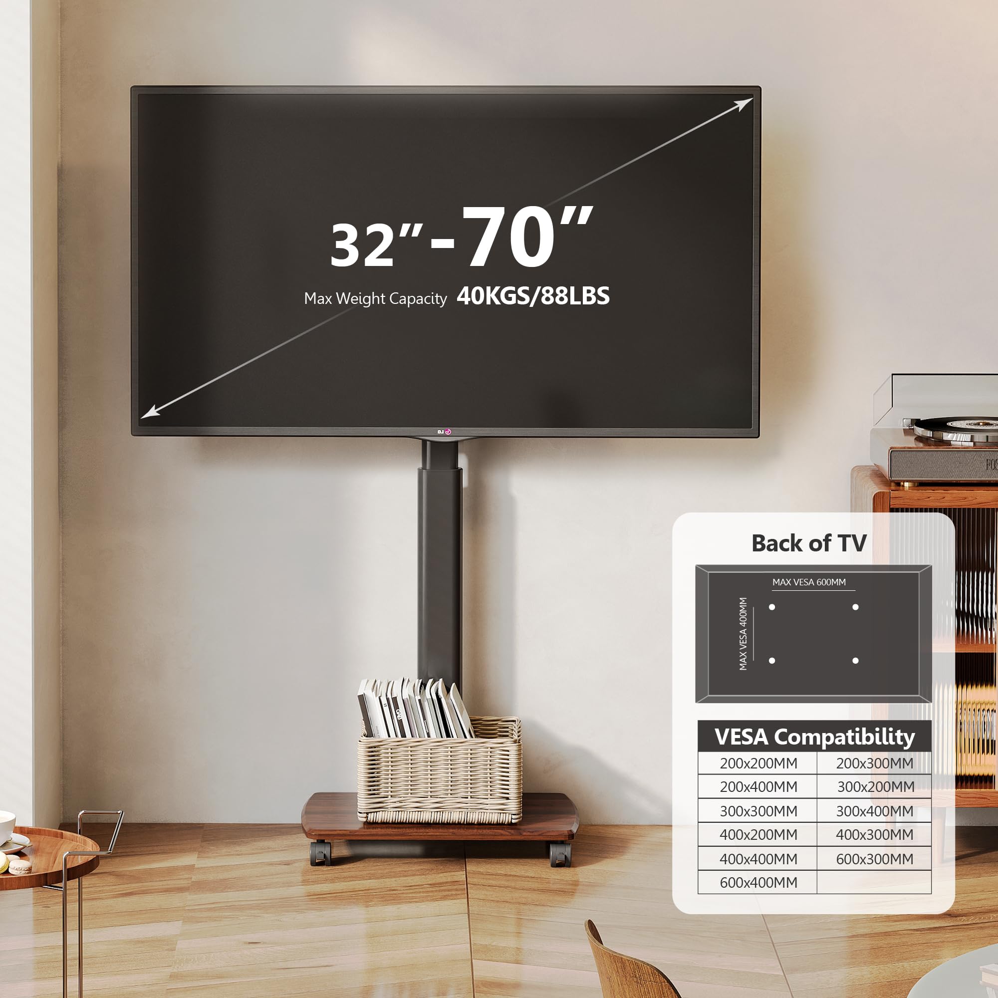 Fitueyes Rolling Tv Stand For 32 To 65 70 Inch Tvs, Portable Mobile Tv Cart On Wheels, Tall Universal Floor Stands With Swivel M