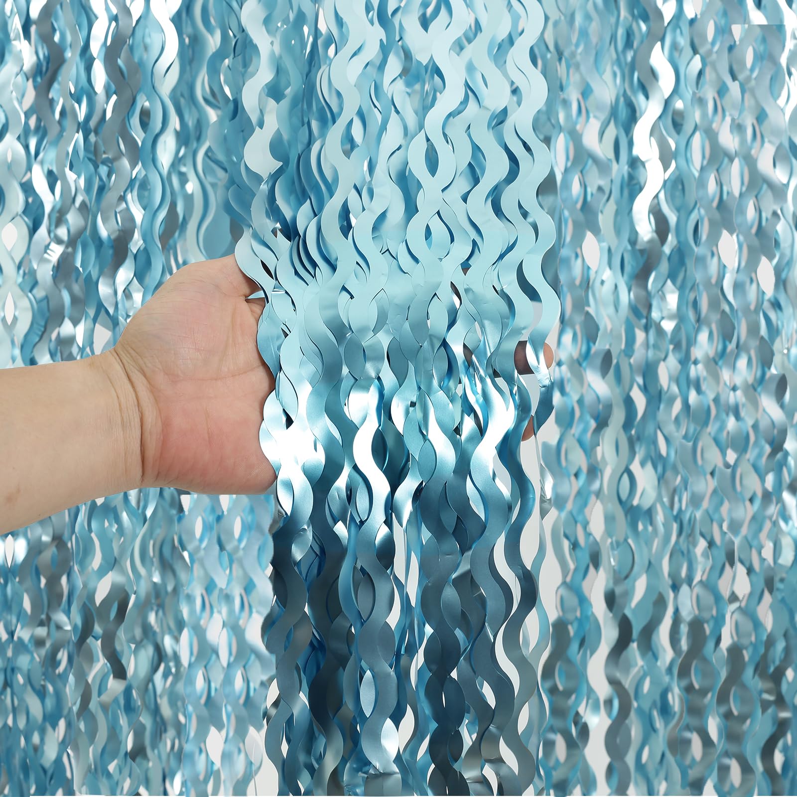 4 Pack Wavy Blue Foil Fringe Curtain 3.3X6.6 Feet | Blue Streamers Tinsel Backdrop For Under The Sea Party Decorations | Ocean B