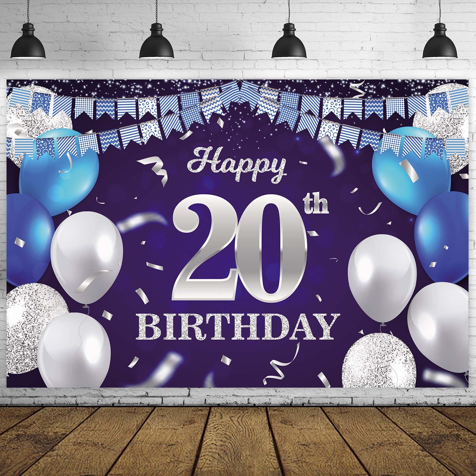 Happy 20Th Birthday Banner Backdrop Navy Blue Balloons Confetti Stripe Flag Light Spots Cheers To 20 Years Old Theme Decorations
