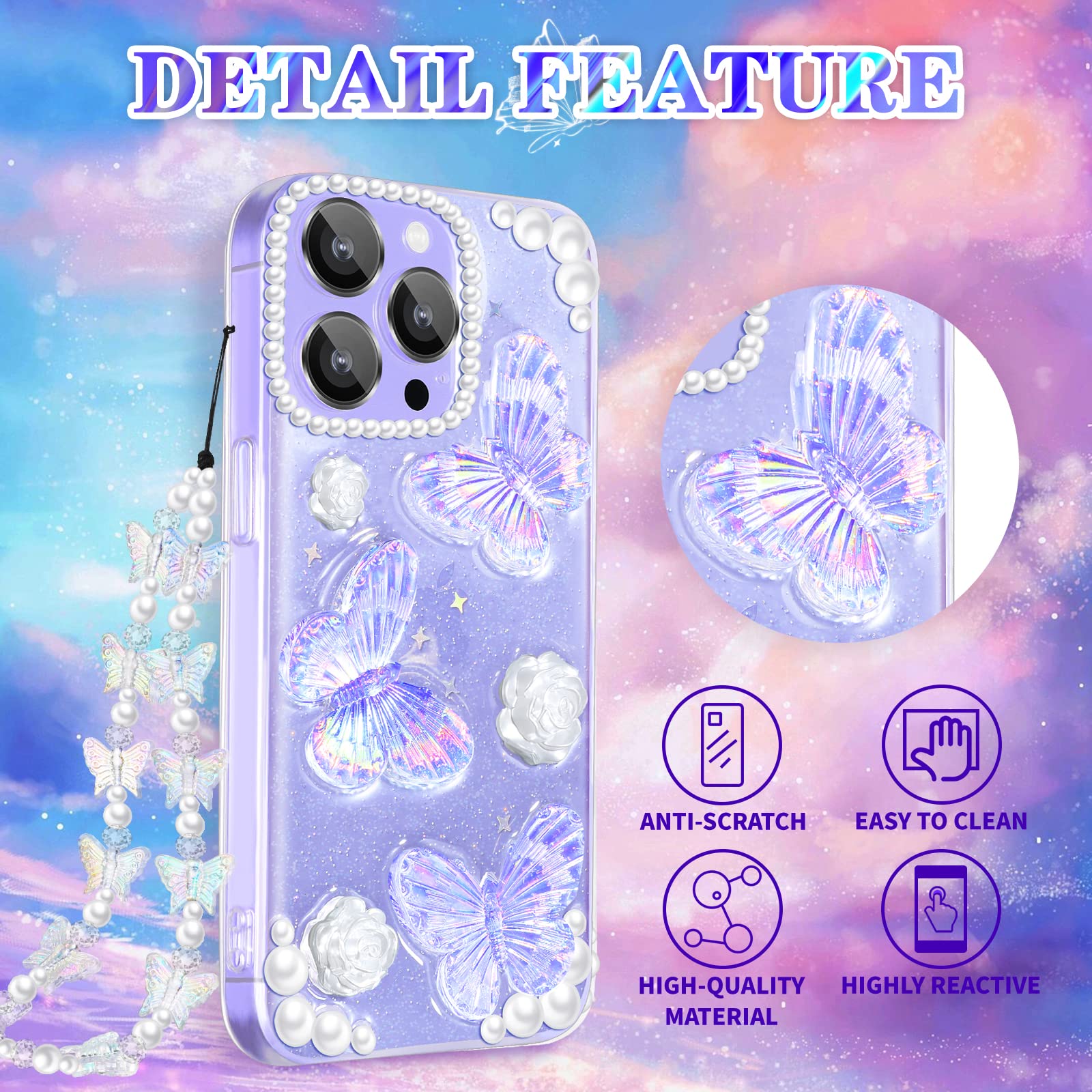 Goocrux (4In1 Case For Apple Iphone 12 Pro Max 3D Butterfly Clear Design Aesthetic Women Teen Girls Glitter Pretty Crystal Spark