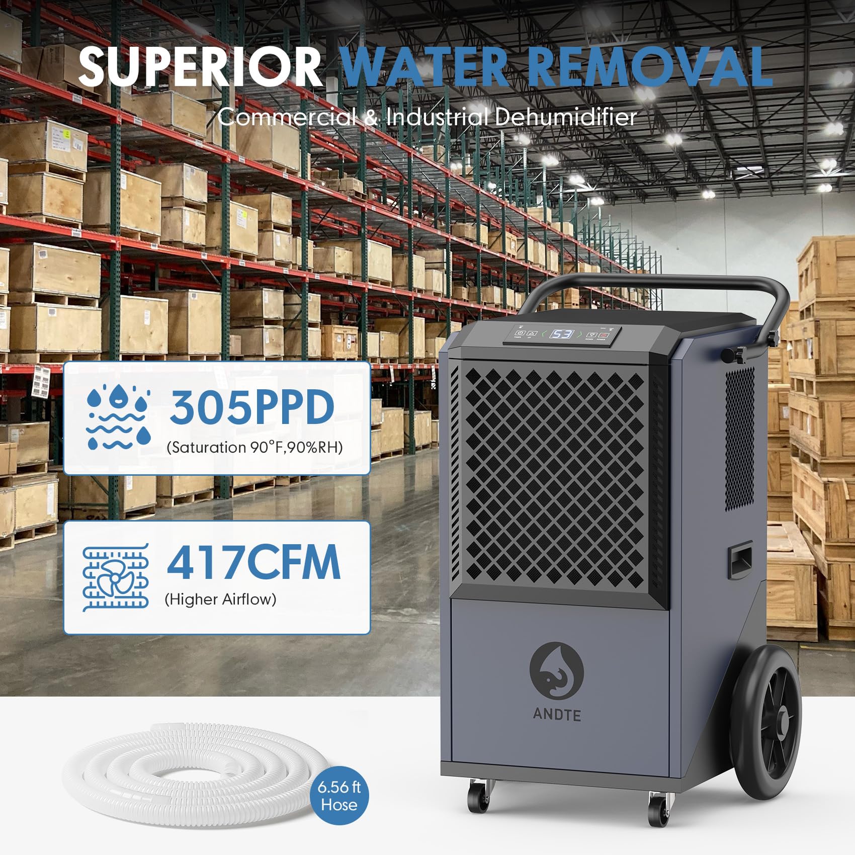 305 Pint Commercial Dehumidifier For Industrial Sites, 9000 Sqft Large Spaces Commercial Grade Dehumidifiers With Drain Hose For