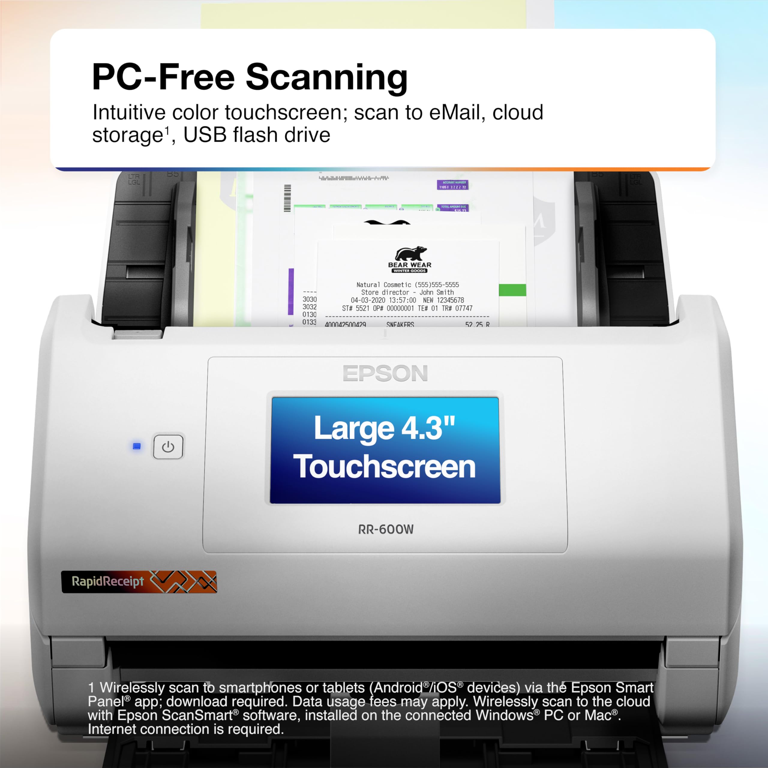 Epson Rapidreceipt Rr 600W Wireless Desktop Color 2 Sided Receipt & Document Scanner With Scansmart Ai Pro Receipt Management &