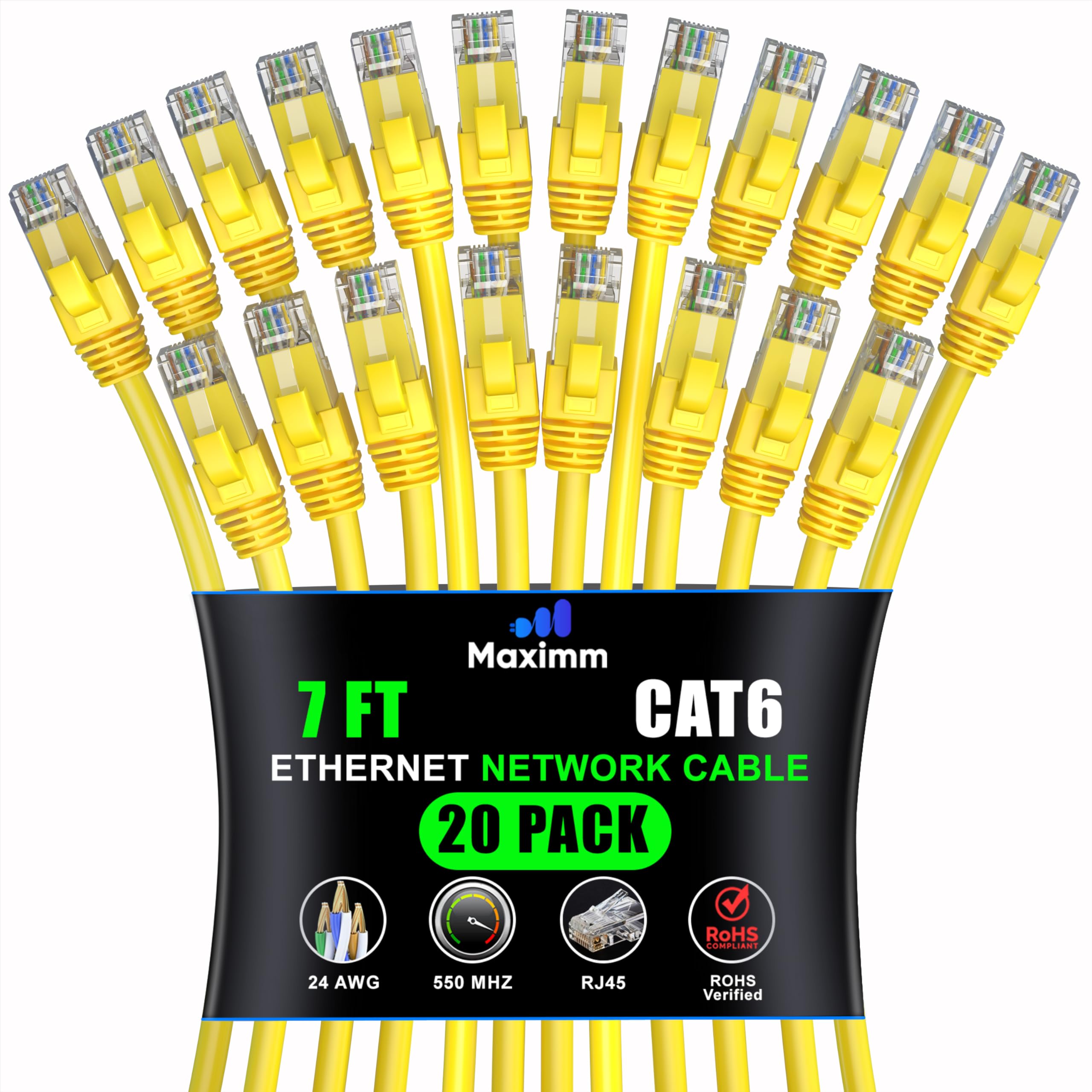 Maximm Cat 6 Ethernet Cable 7 Ft (20 Pack)   High Speed Lan Cable, Internet Cable, Patch Cable, And Network Cable   Utp, 10Gbps, 550Mhz Ethernet Cord   Yellow