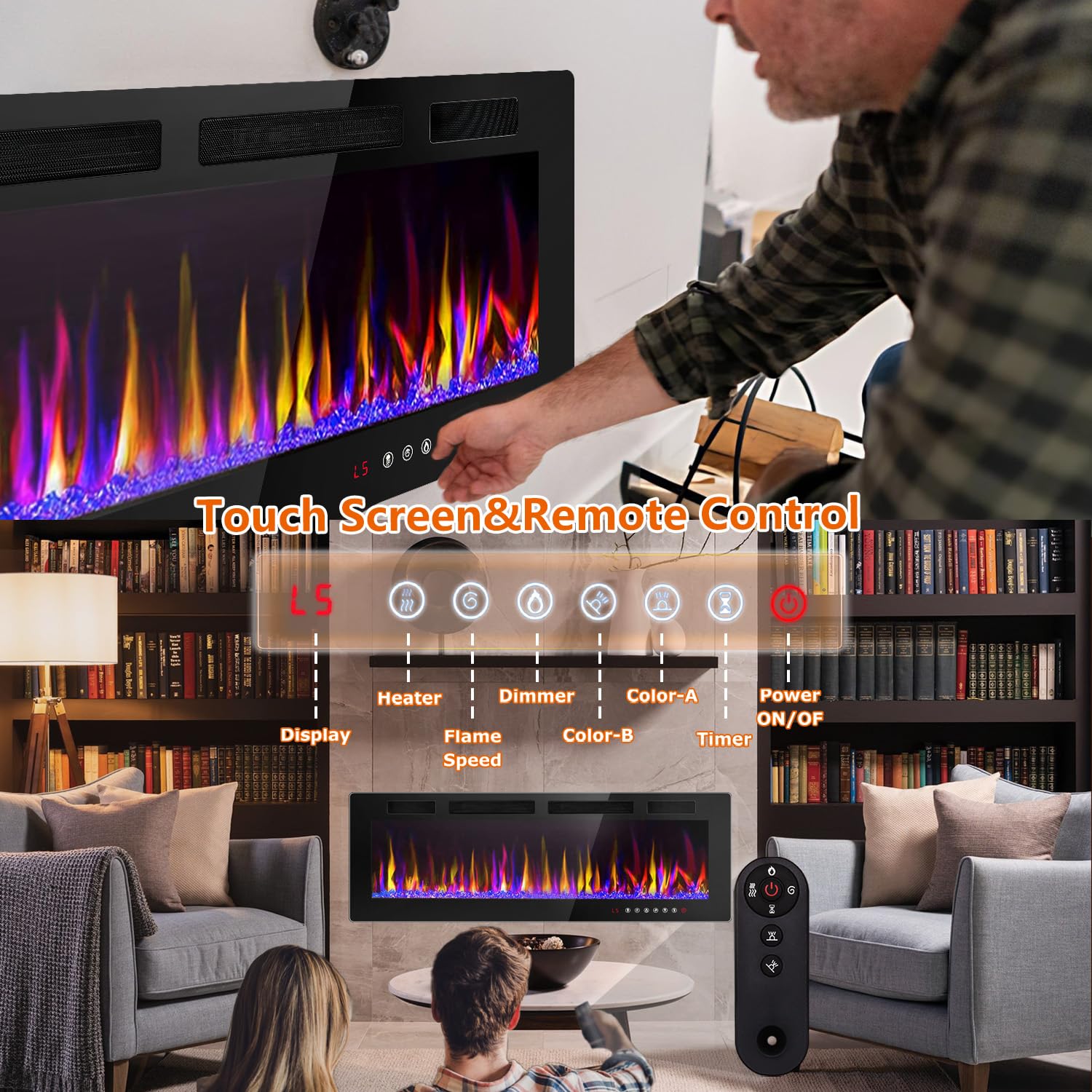 Lemberi 72 Inch Electric Fireplace Recessed And Wall Mounted,750/1500W Fireplace Heater And Linear Fireplace With Touch Screen C