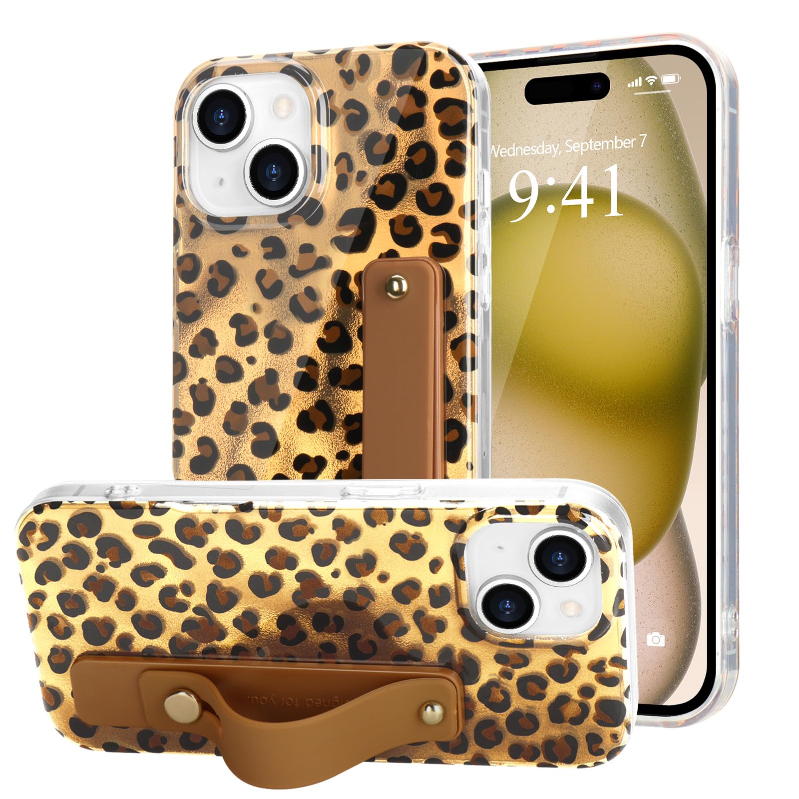 LAPOPNUT for iPhone 15 Case with Wrist Strap, Cheetah Leopard Tortoise Shell Print Shockproof Soft TPU Protective Cover for Wome