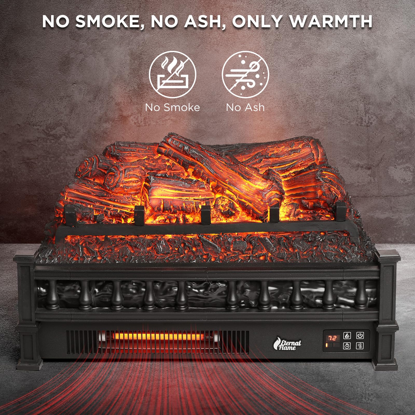 Turbro Eternal Flame Infrared Electric Fireplace Logs, 23'' Infrared Quartz, Remote Control Fireplace Insert Log Heater, Realist