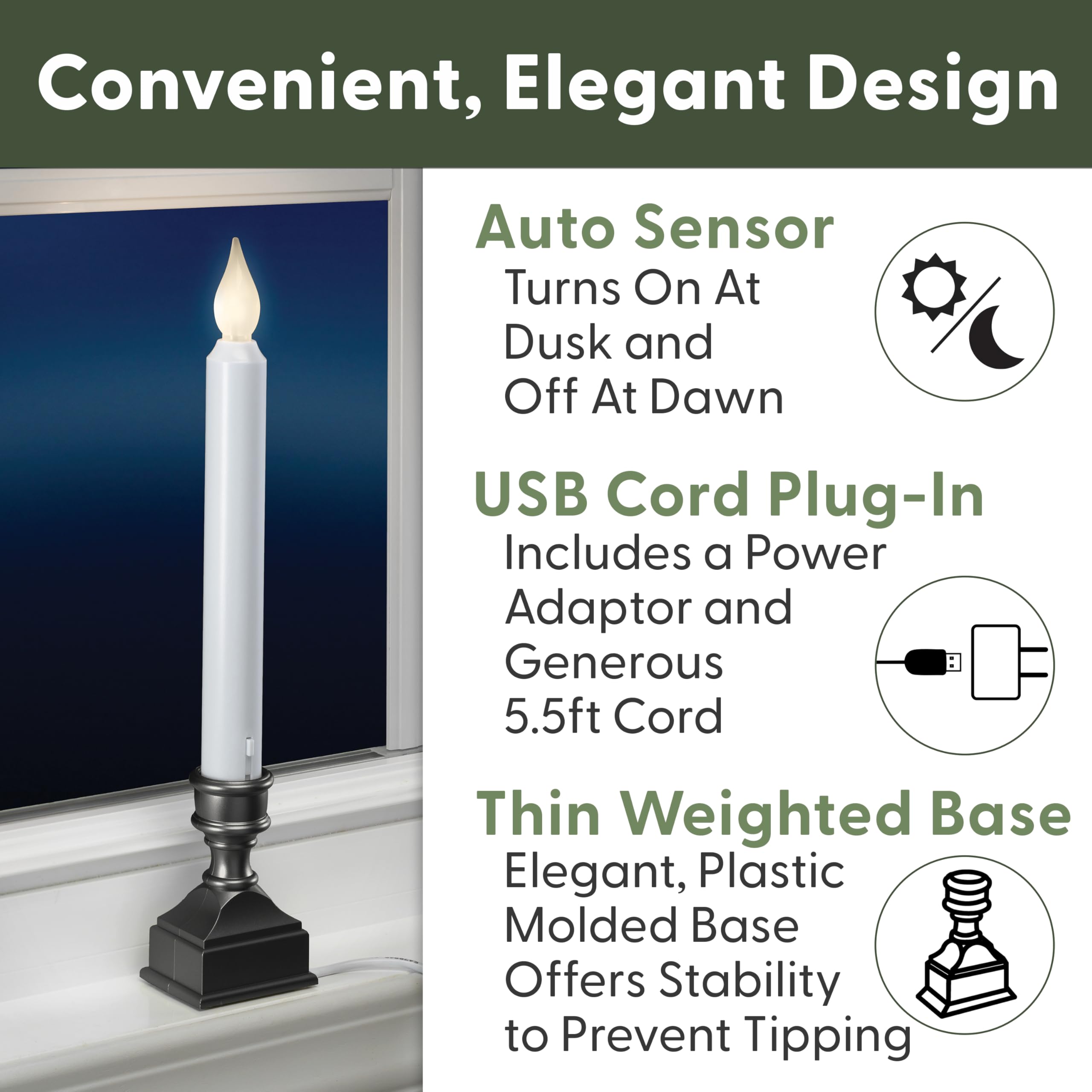 612 Vermont Led Electric Window Candles With Bright Hot Spot, Sensor Dusk To Dawn, Flicker Flame Or Steady On, Usb Low Voltage A