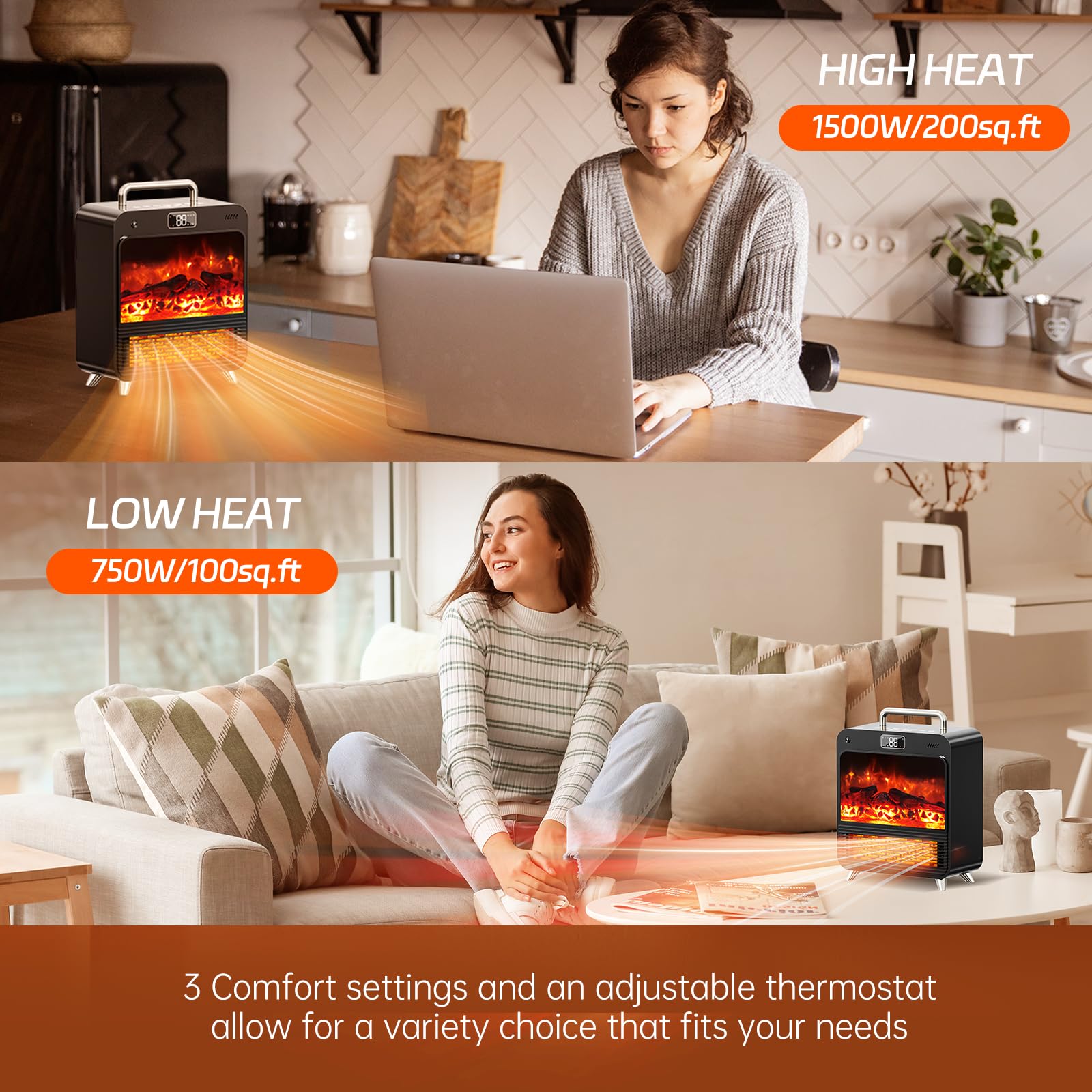 Feculs Electric Fireplace Heater, 3-In-1 Portable Fireplace Heaters For Indoor Use, 750/1500W Space Heater Indoor, 3D Flame, 3 M