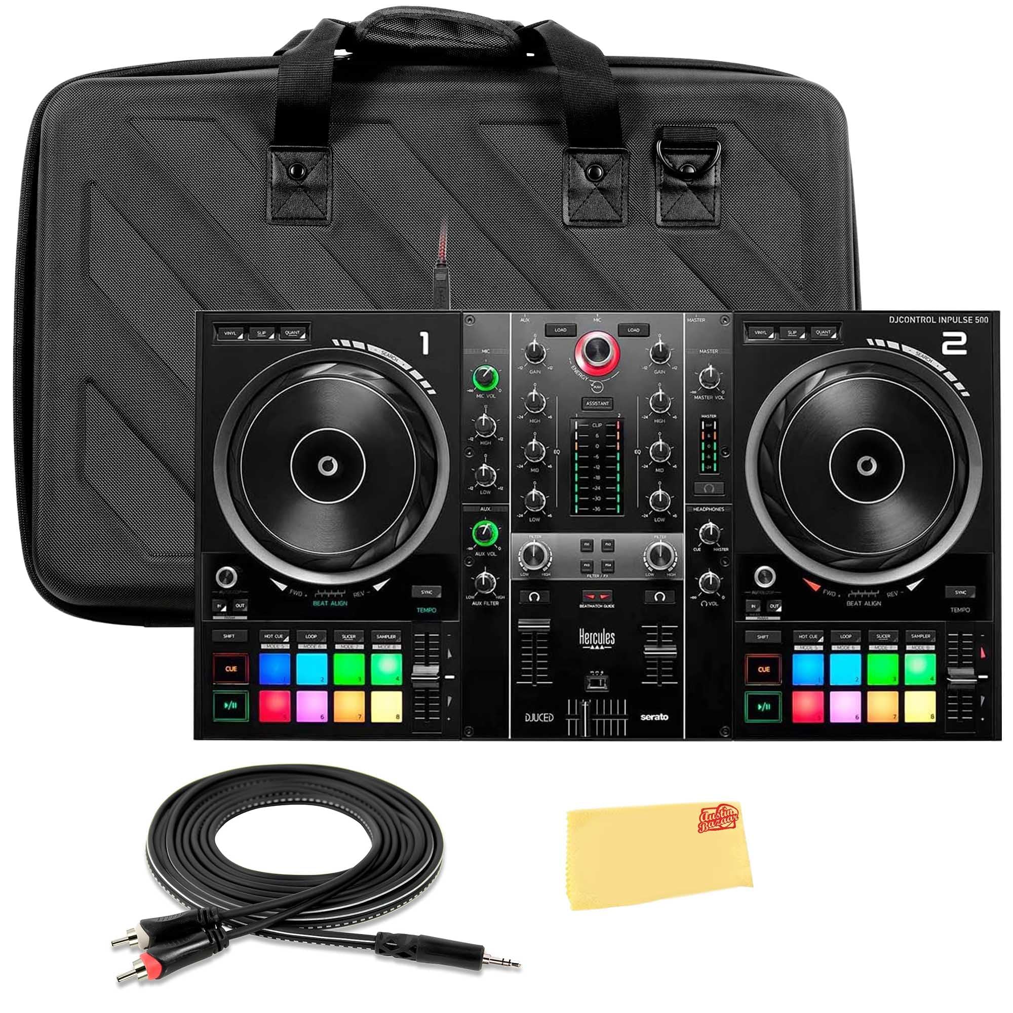 Hercules DJControl Inpulse 500 MK2 2-Channel DJ Controller Bundle with Case, TRS-to-RCA Breakout Cable, and Austin Bazaar Polish