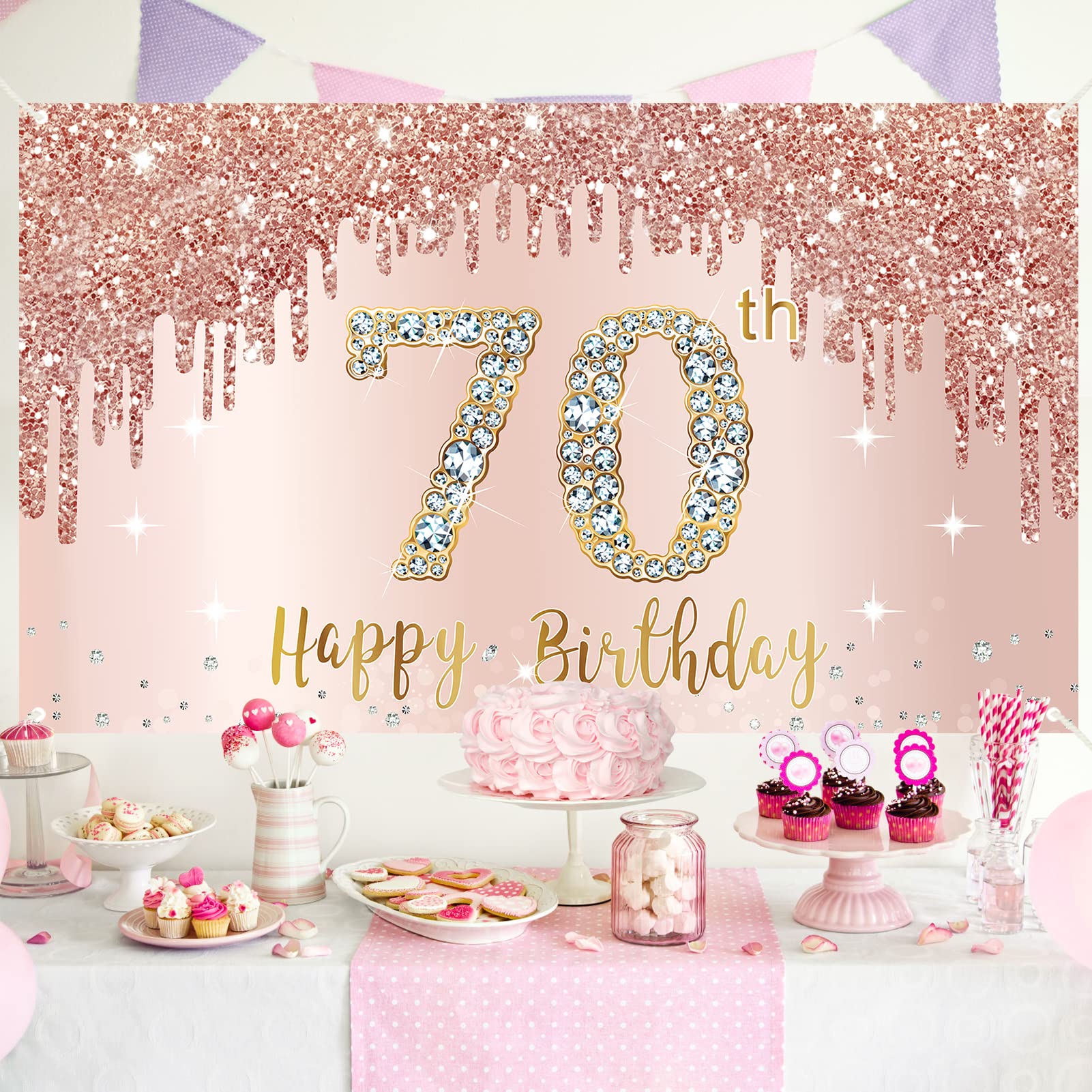 Happy 70Th Birthday Banner Backdrop Decorations For Women, Rose Gold 70 Birthday Party Sign Supplies, Pink 70 Year Old Birthday