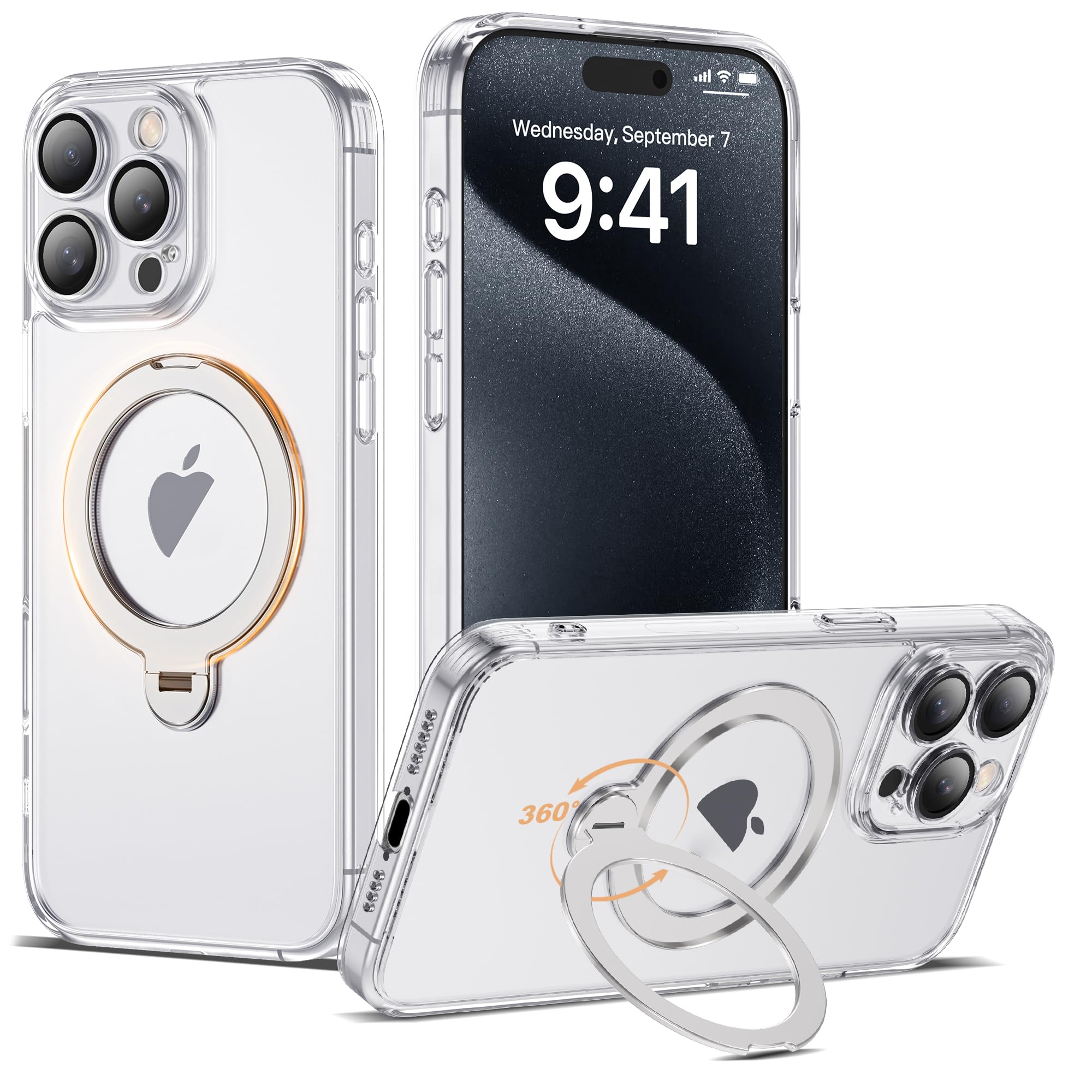 AmoraAqua Compatible with iPhone 15 Pro Case with 360 Rotatable Magnetic Ring Stand [Compatible with Mag-Safe] Full Camera Lens 