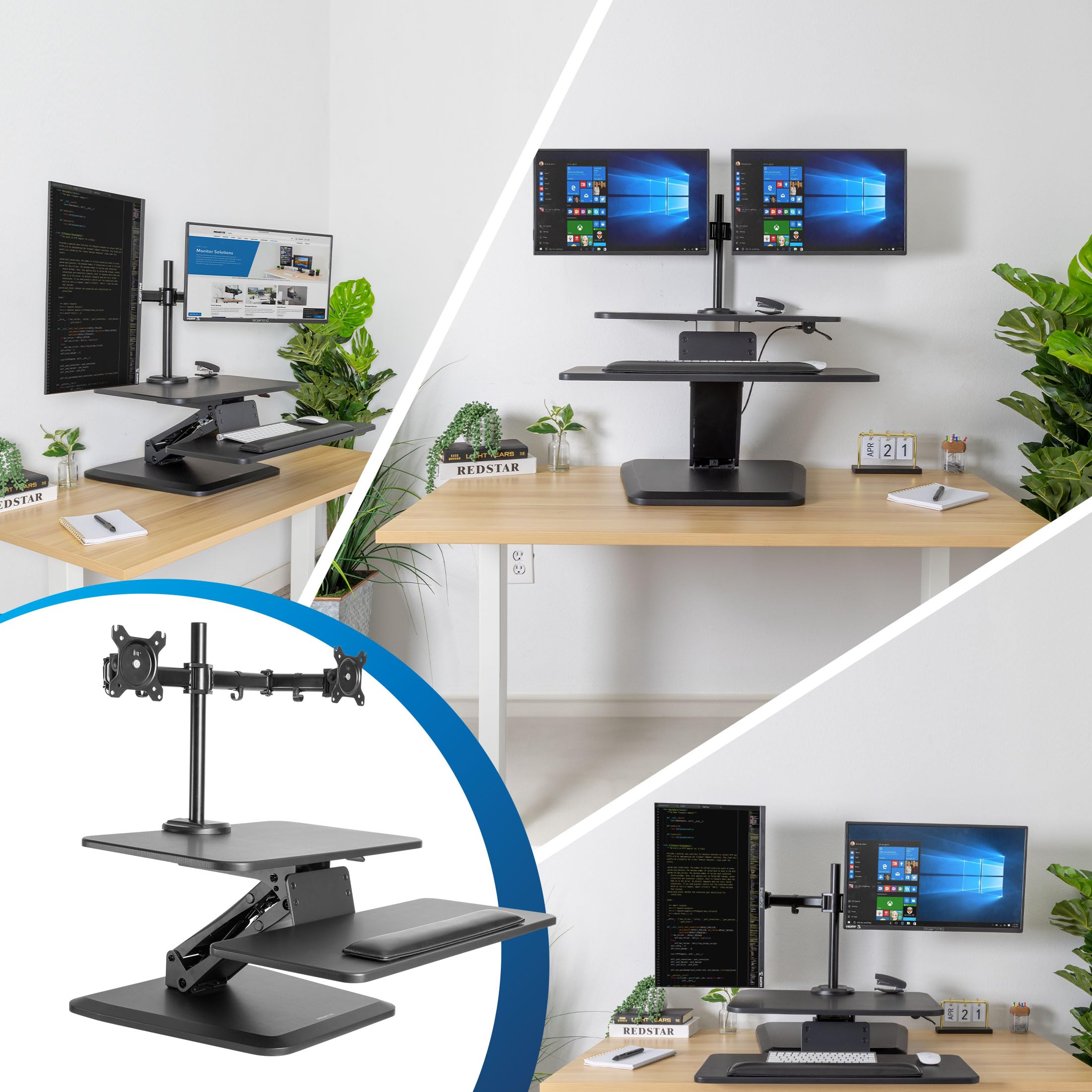 Mount It! Standing Desk Converter, Stand Up Desk Riser with Dual Monitor Mount, Adjustable Workstation in Black, Top Platform 23' Wide, Keyboard Mouse Tray 27' Wide, Raises 5' to 17' Tall