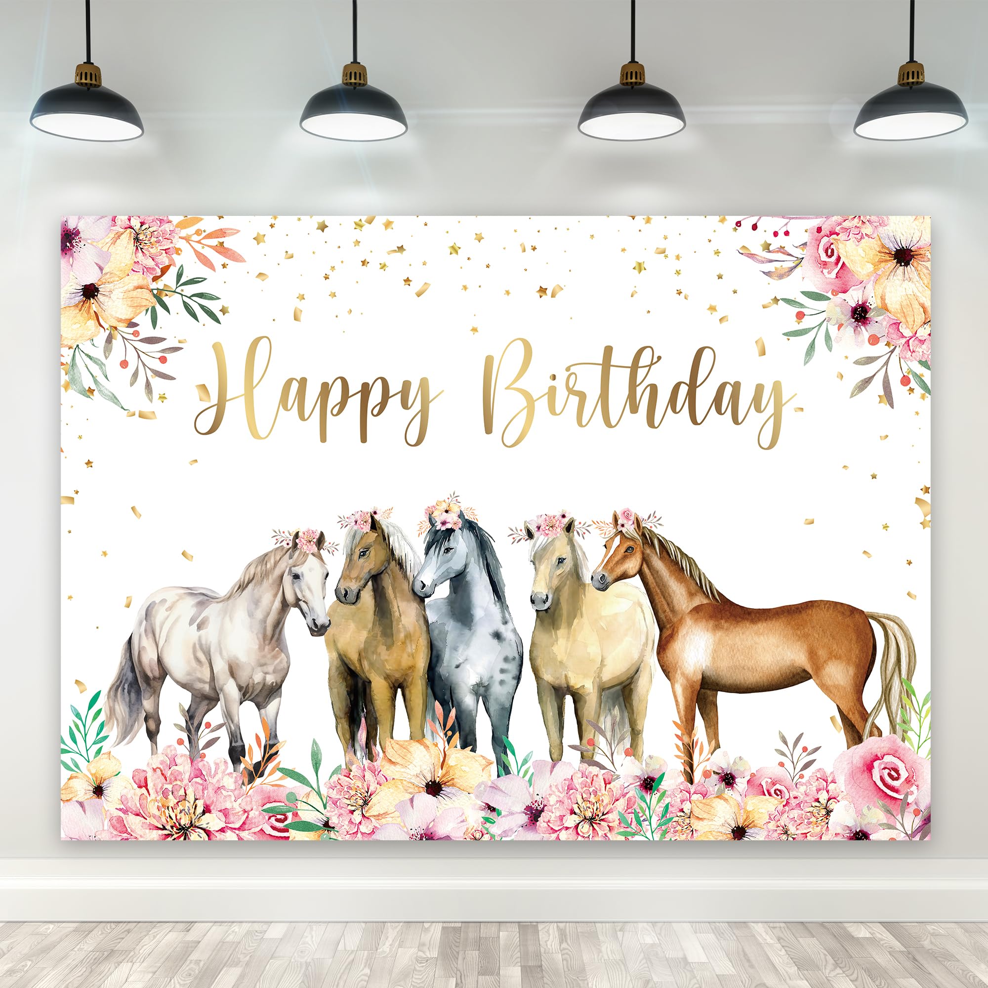 Riyidecor Horse Happy Birthday Backdrop Watercolor Florals 7Wx5H Feet Polyester Fabric Western Cowgirl Photography Background Fo