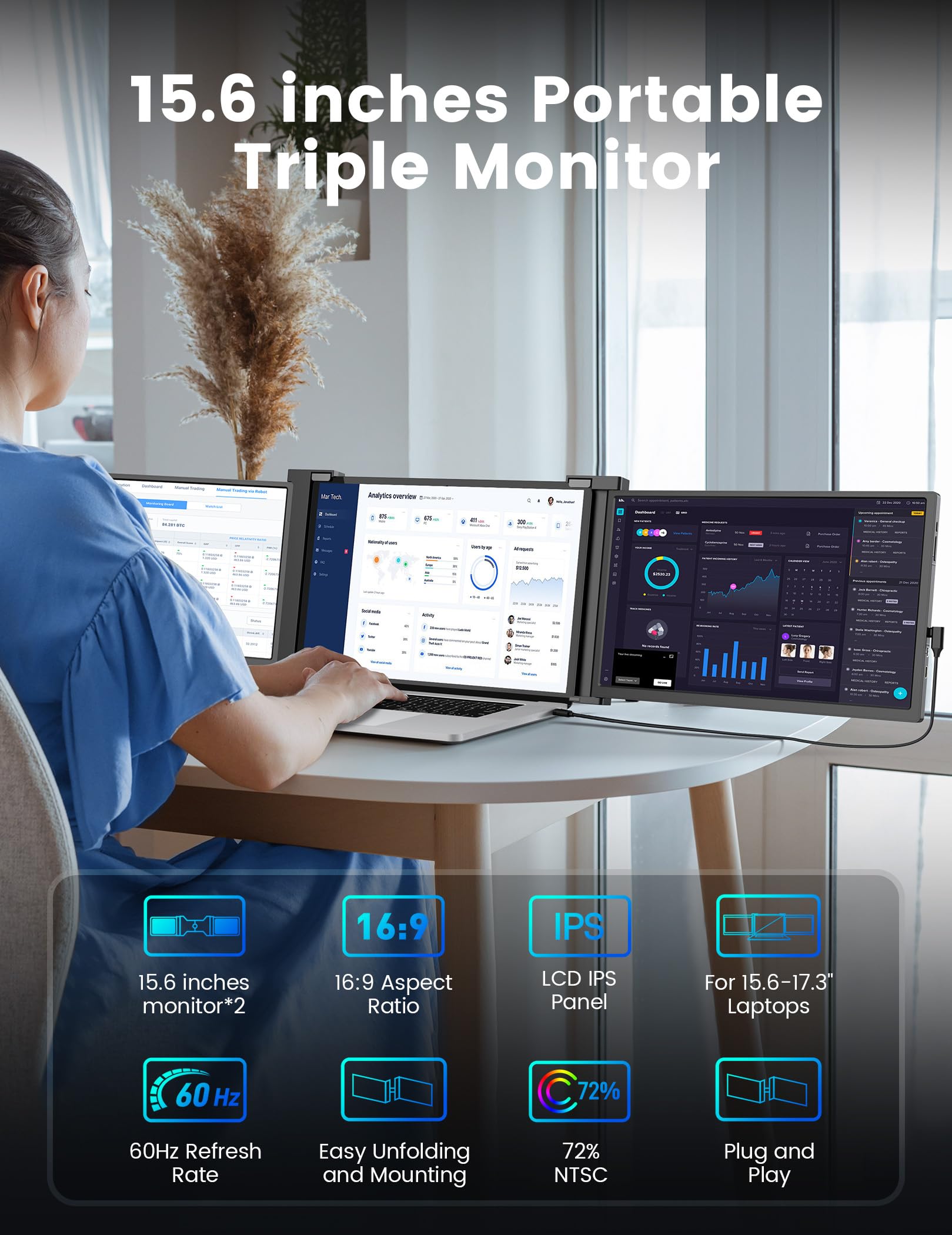 Fopo 15.6'' Triple Monitor For Laptop, Fhd 1080P Ips Portable Monitor For 15.6 19    Laptop, Plug And Play Travel Laptop Screen