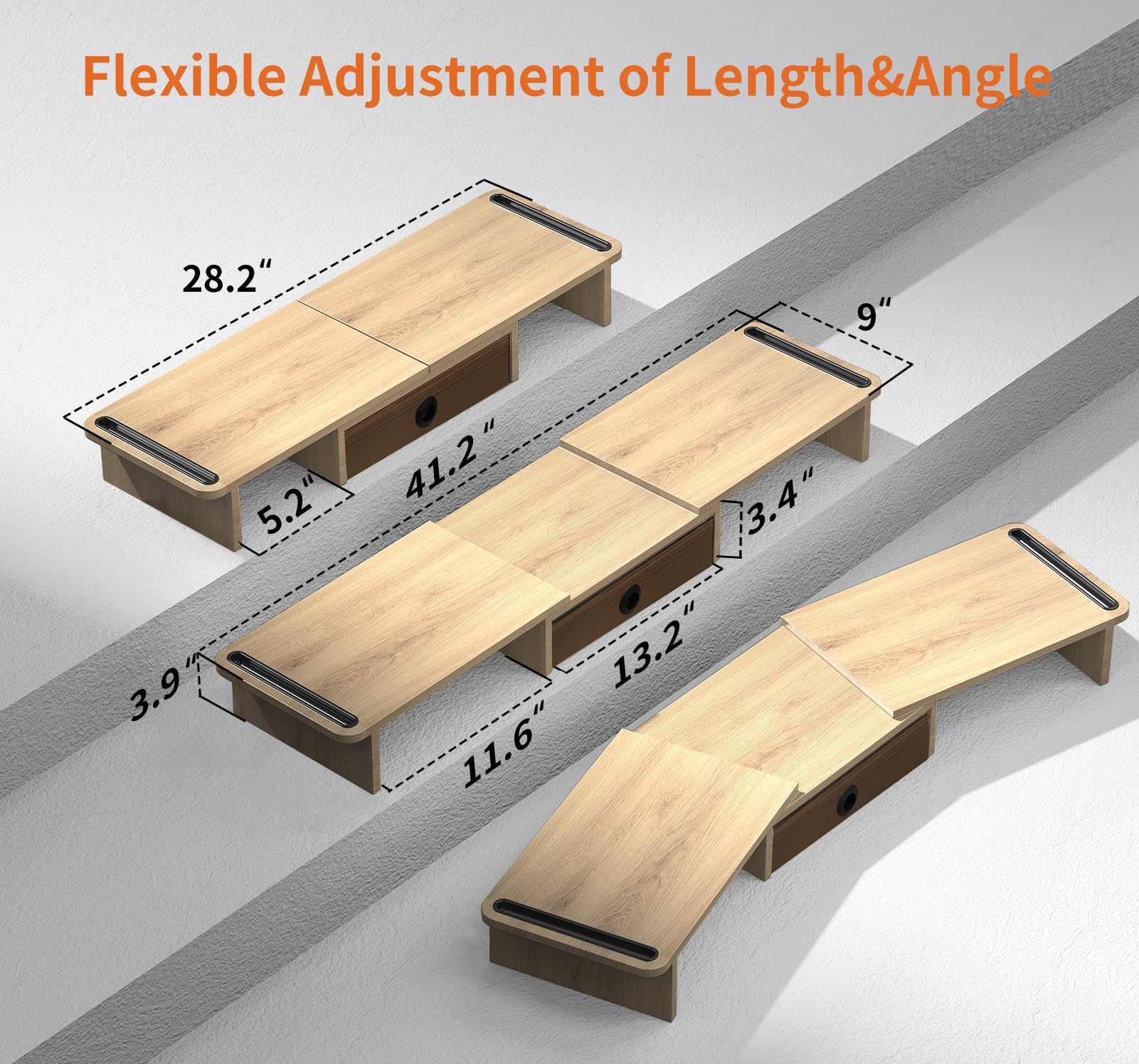 Ergofocus Dual Monitor Stand Riser With Drawer Adjustable Length And Angle, Monitor Stand Riser For 2 Monitors, Desktop Organize