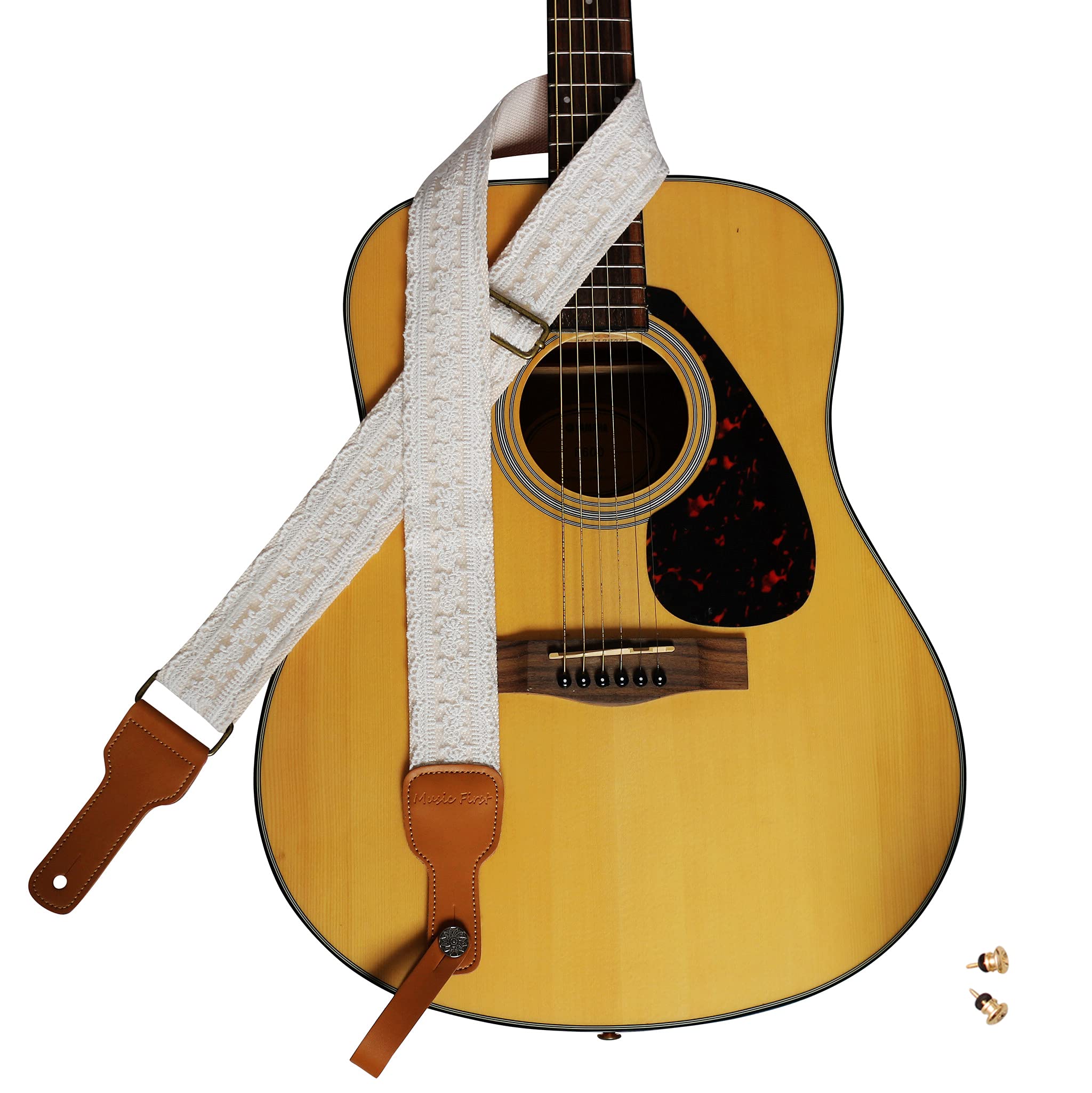 MUSIC FIRST Original Design, 2 inch width (5cm), White Graceful & Vintage Lace Soft Lace & Genuine Leather Delux Guitar Strap, E