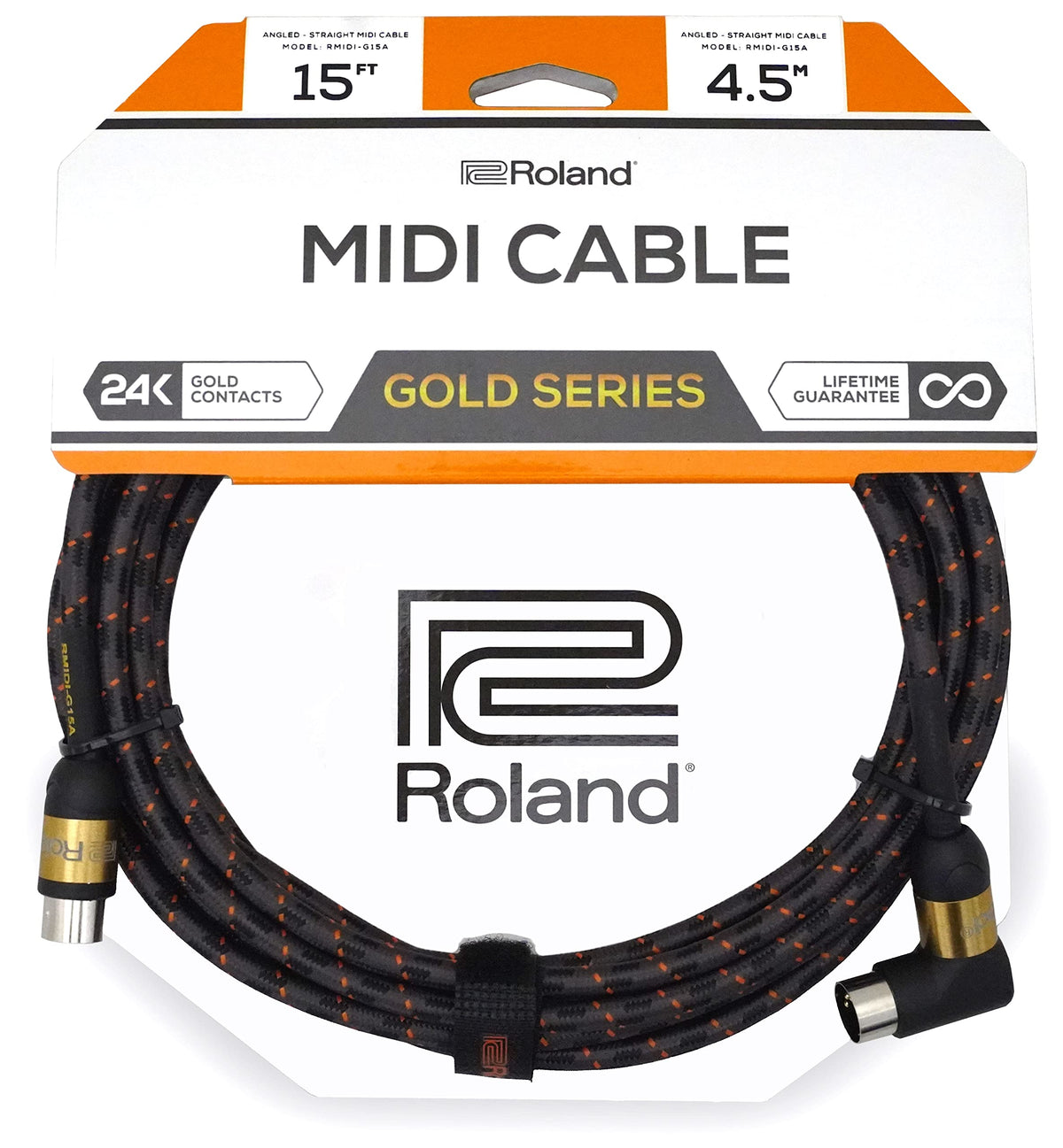 Roland Black Instrument Cable, Angled/Straight 1/4 Inch Jack, Midi, Gold Series, 5 Feet (Rmidi G5A)