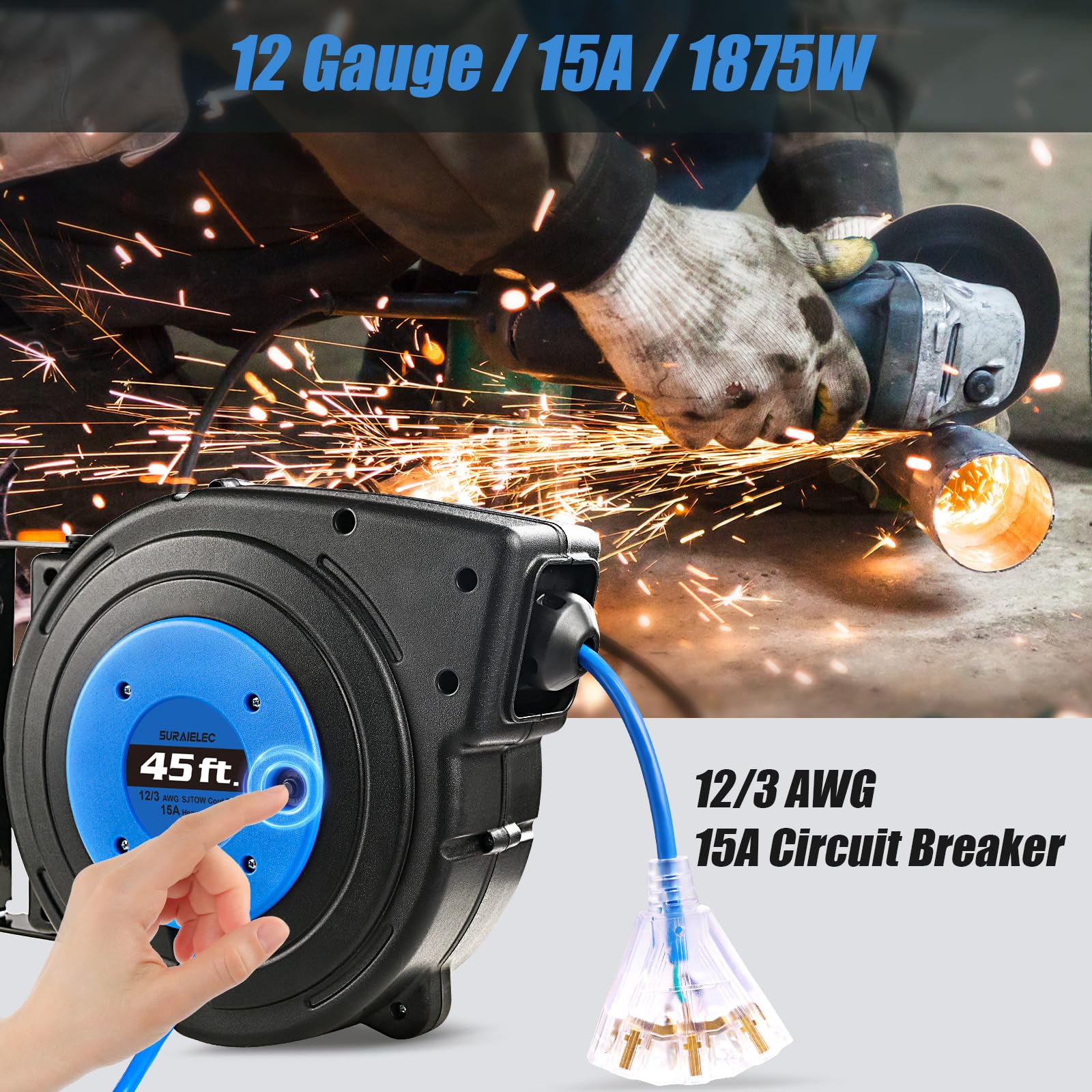 Suraielec 12 Gauge Retractable Extension Cord Reel, 45 Ft 12 Awg/3C Sjtow Heavy Duty Power Cord, 3 Outlets Triple Tap, 15 Amp Ci