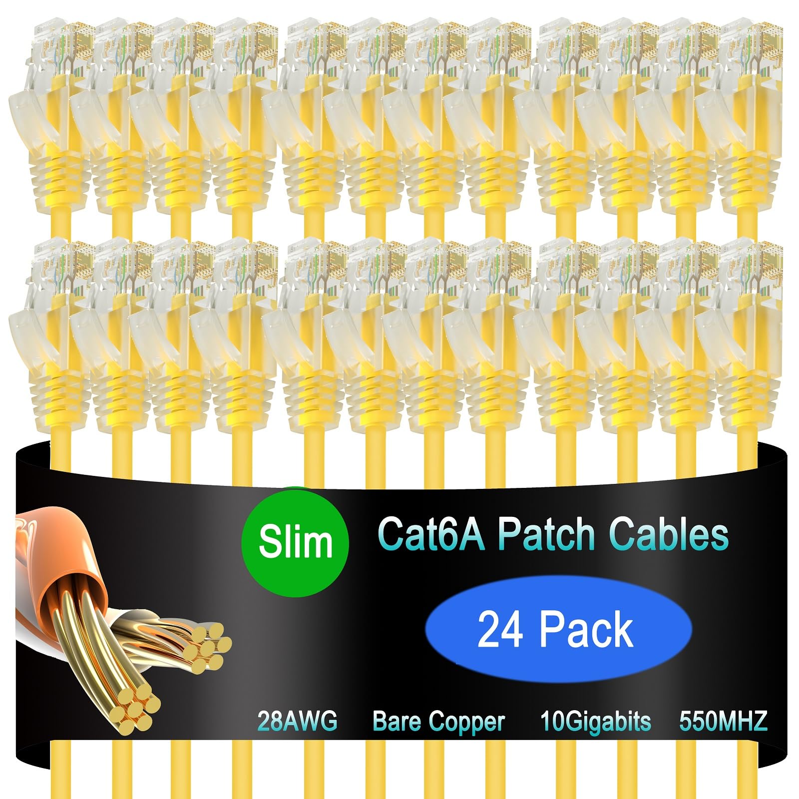 Lysymixs Cat6A Slim Ethernet Patch Cable 3 Ft (24 Pack), Cat6A Patch Cable For Data Centers, Cat 6 Patch Cable 10G, Network Patc