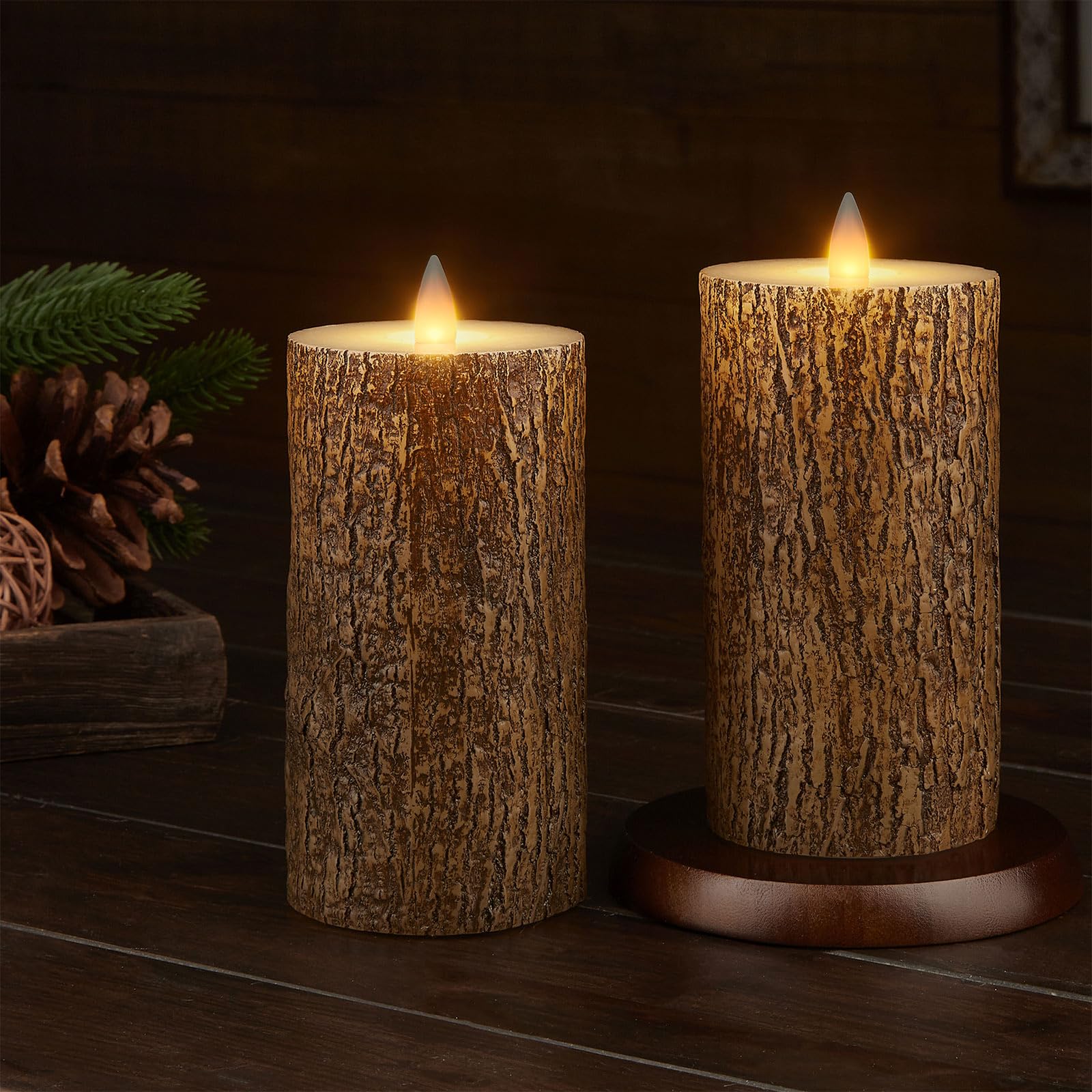 Cozierglow Brown Bark Wax Flameless Pillar Candles With Remote Timer, 3D Moving Flame Led Candles Up To 400 Hours With 2Aa Batte