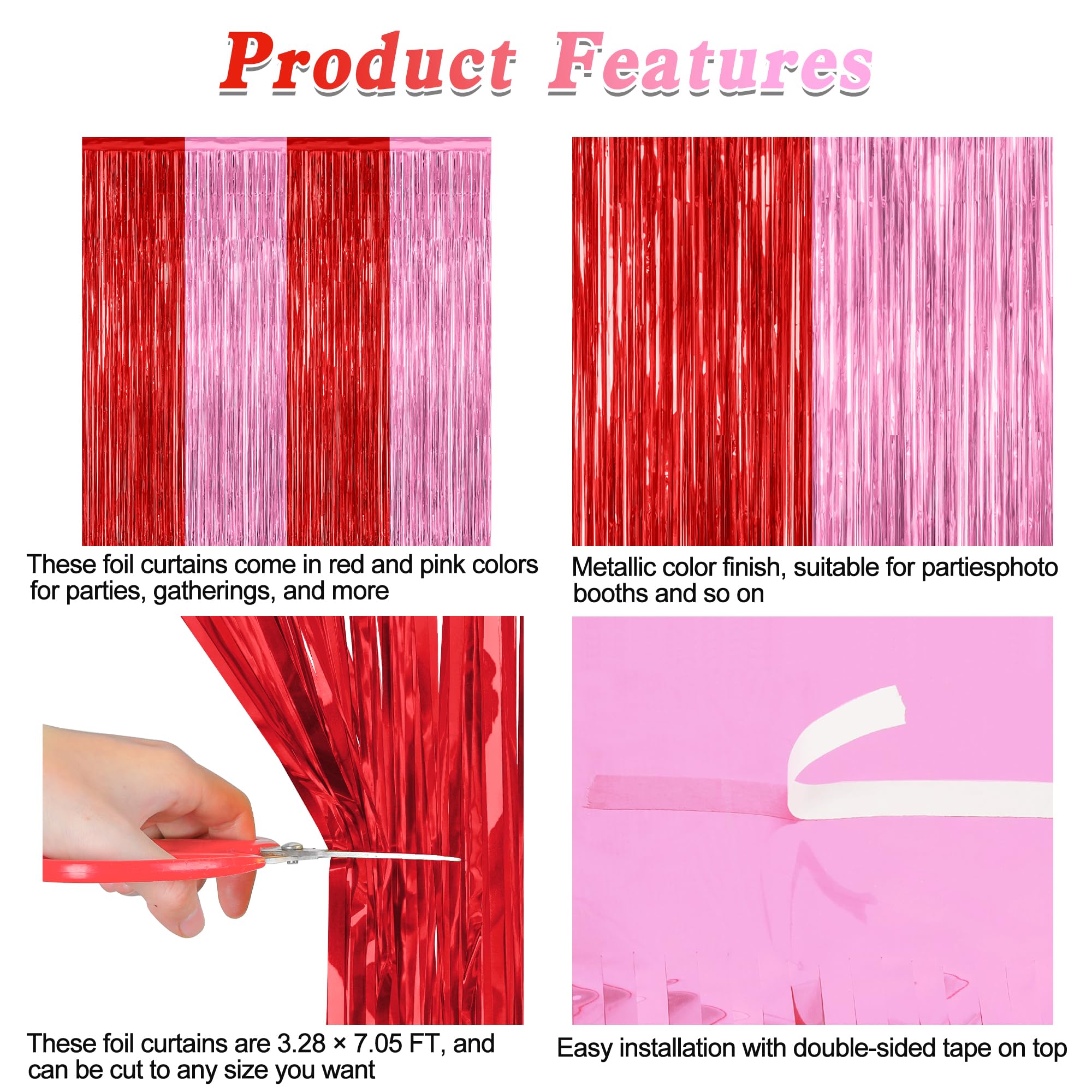 2 Pack Backdrop Curtains, 3.28 Feet X 7.05 Feet Red Pink Backdrop, Metallic Fringe Curtains Tinsel Backdrop Party Streamer, Babi