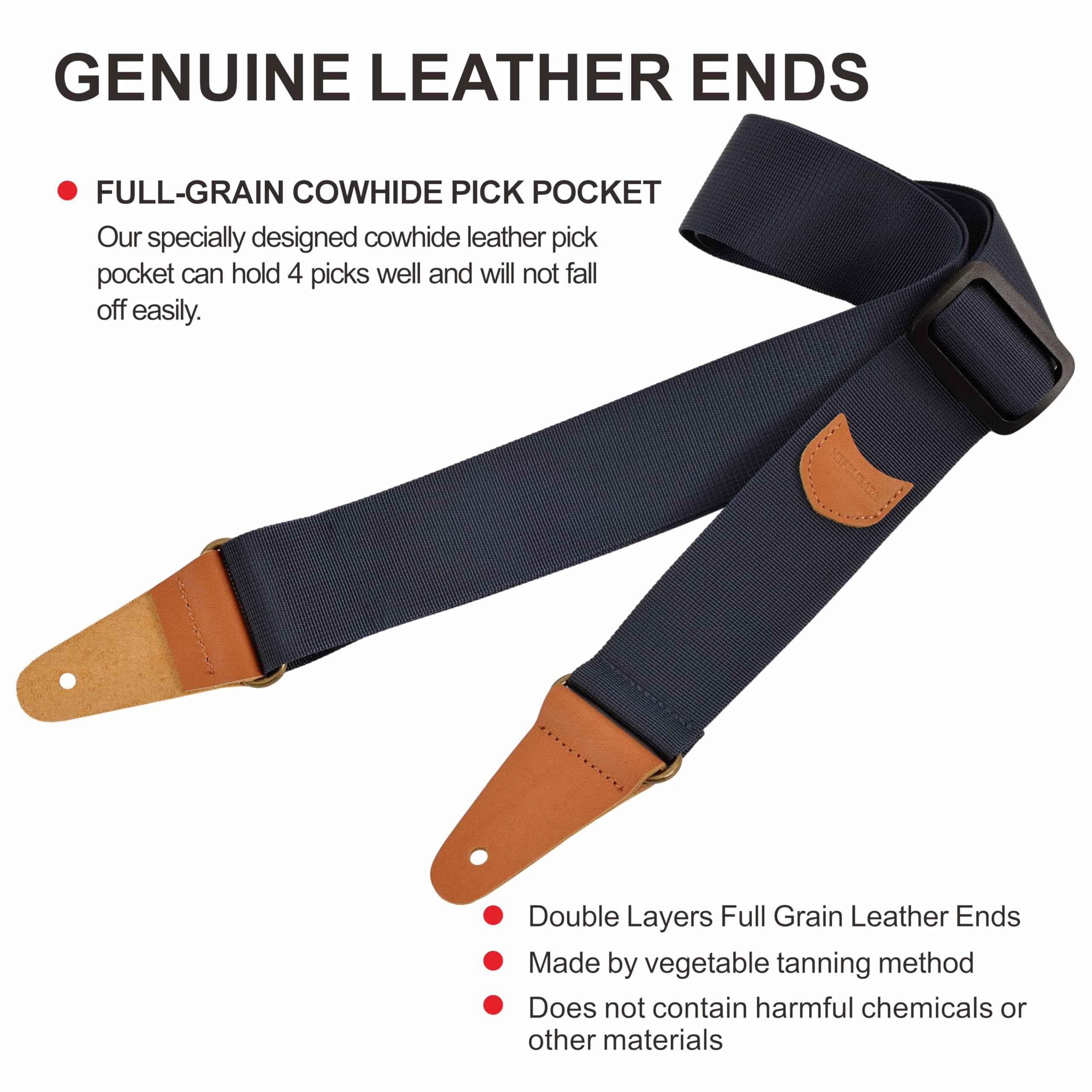 Nefelibata Guitar Strap With Pick Pocket, Vintage Nylon Full Grain Leather Ends Guitar Straps For Bass, Electric & Acoustic Guit