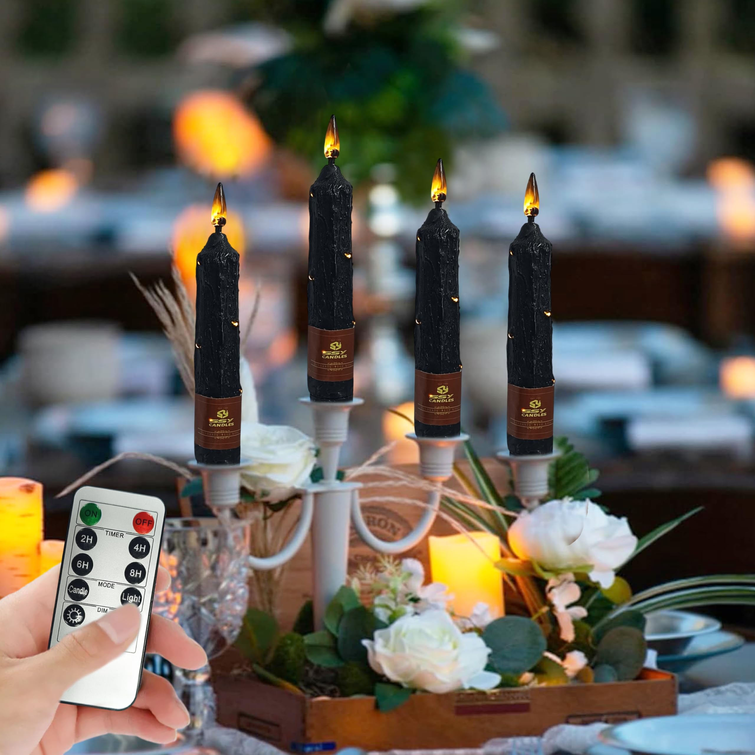 XINAOBAOLUO 6.5 inch Halloween Black Flameless Candle with String Light Window Candles with Remote Timer Battery Operated Taper 