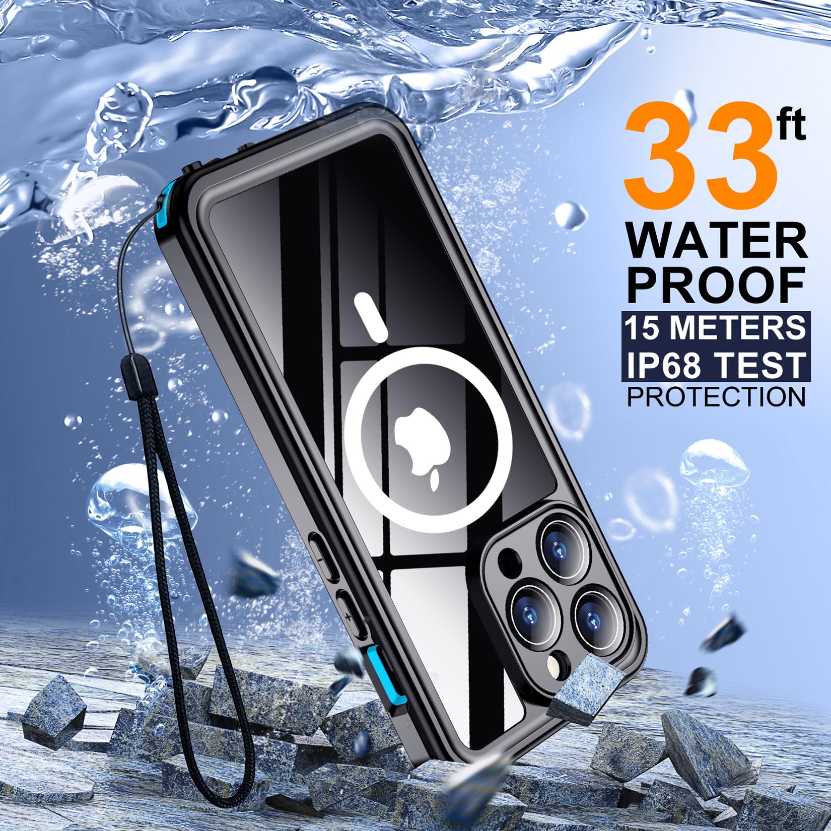 Temdan Magnetic For Iphone 15 Pro Case Waterproof,Built In Screen Protector[Ip68 Underwater][Upgrade Military Dropproof][Compati