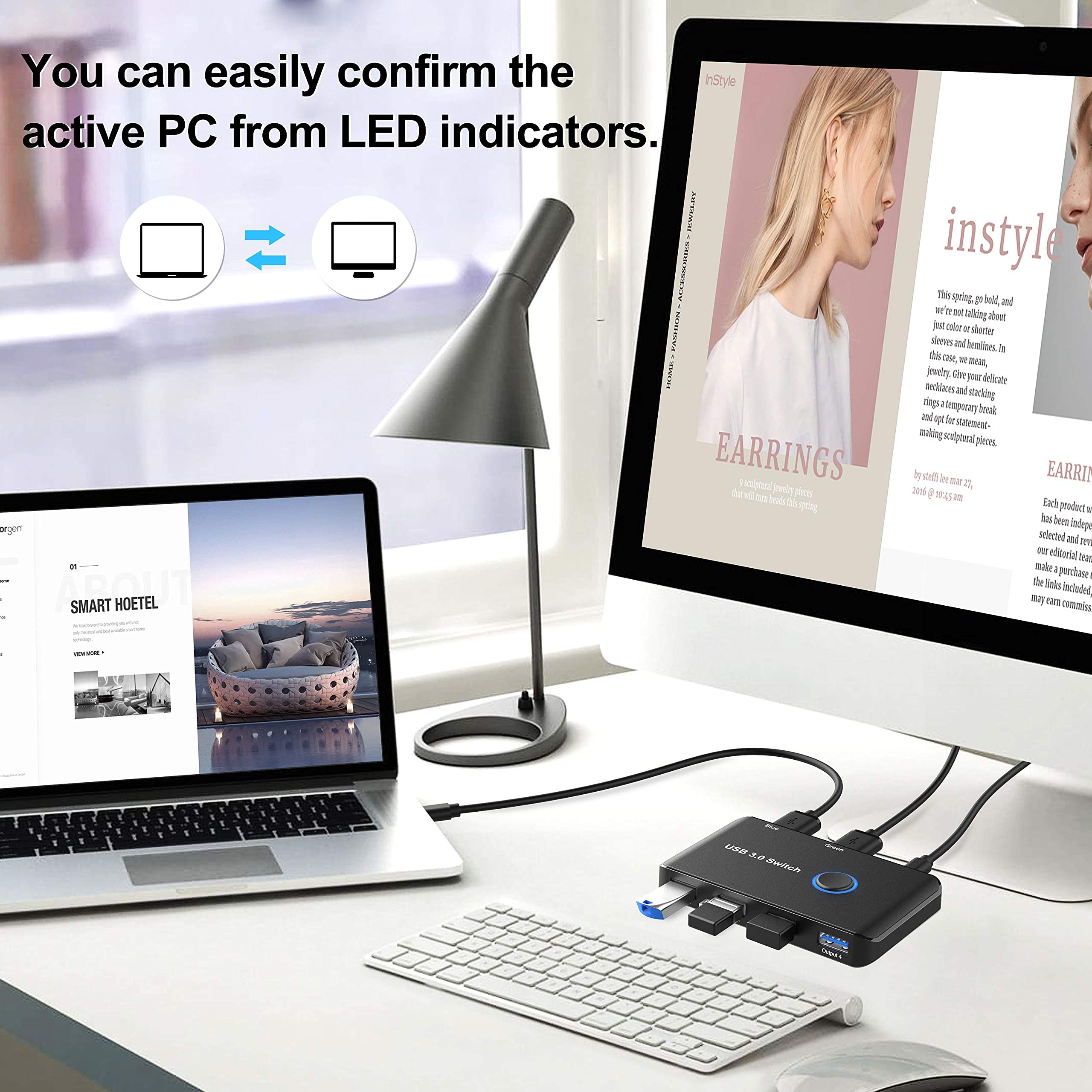 Usb 3.0 Switch, Ablewe Usb Switcher 2 Computers Sharing 4 Usb Devices Kvm Switcher Box For Pc, Printer, Scanner, Mouse, Keyboard