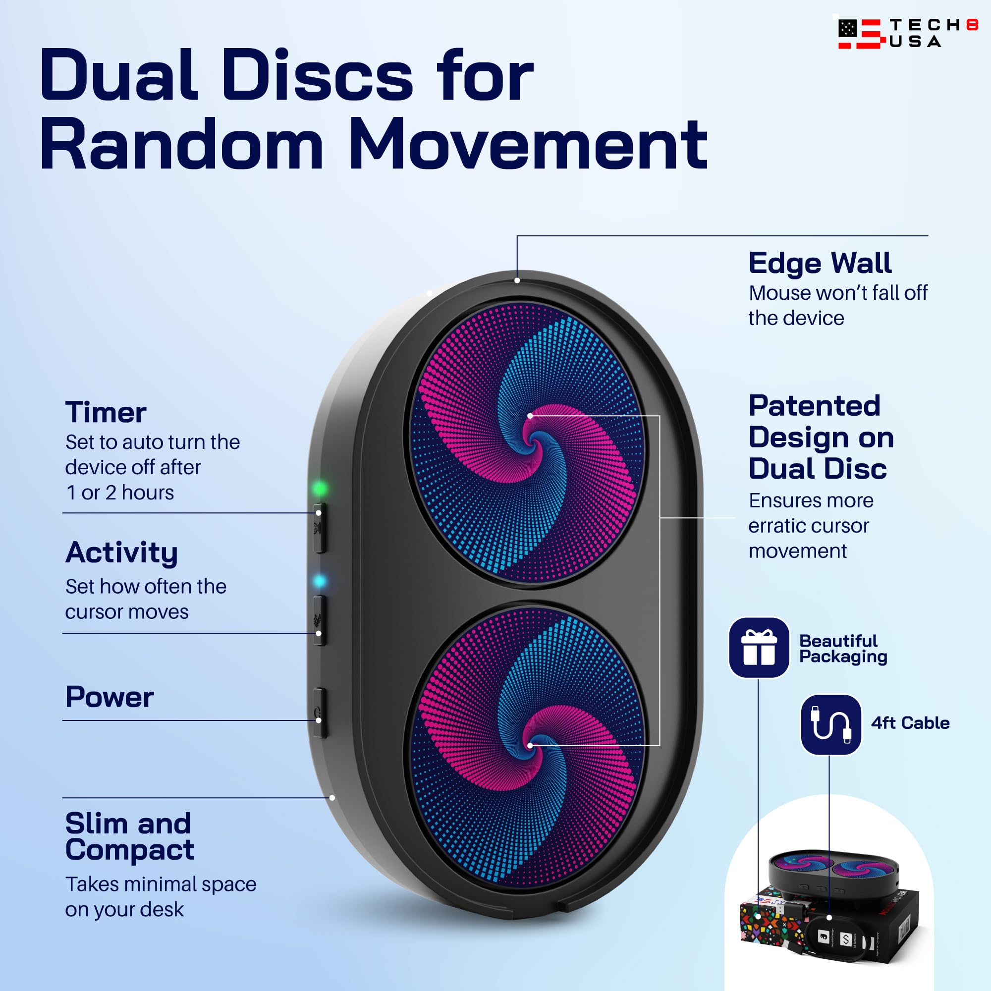 Tech8 Usa Dual Disc Mouse Mover, Jiggler, Auto Off Timer, Activity Settings, No Software, Realistic Movement, Patented, Designed