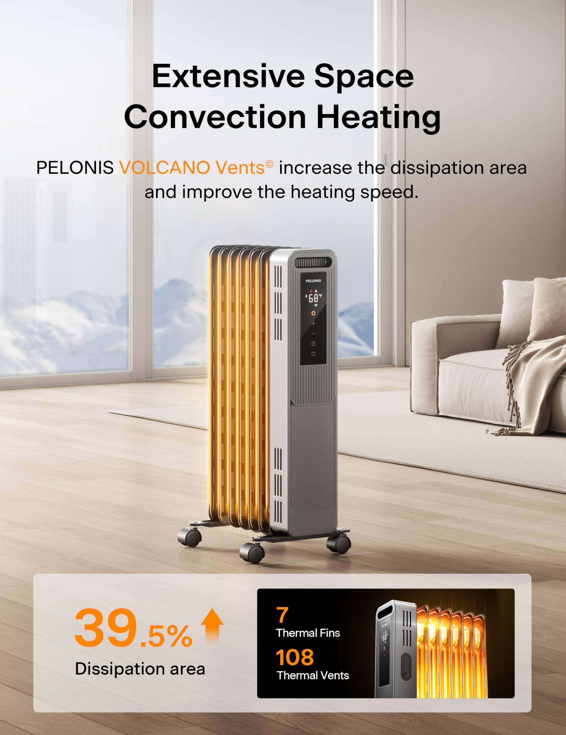 Pelonis Oil Filled Radiator, Electric Space Heater For Indoor Use Large Room With Thermostat & Remote, 3 Modes & 3 Heat Settings