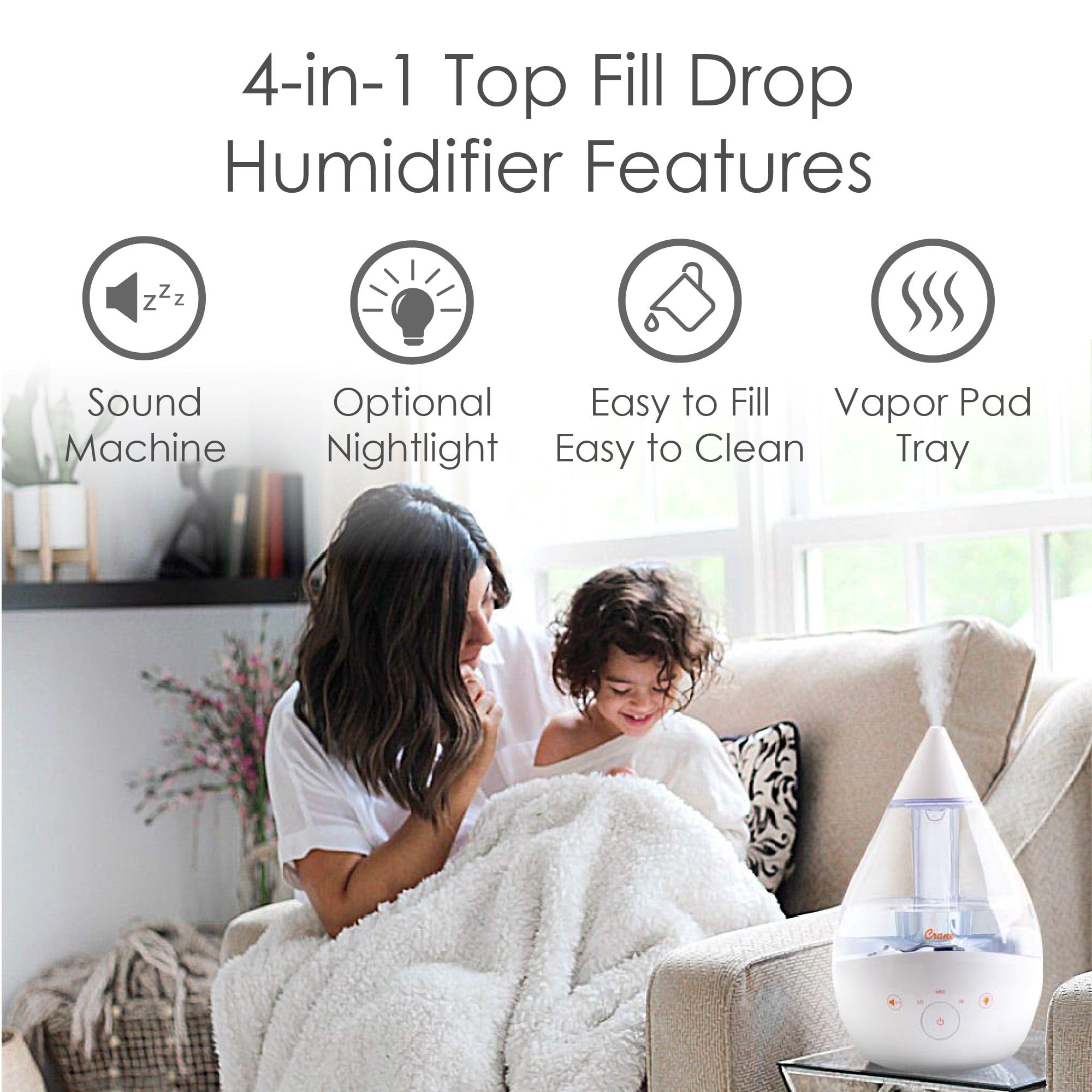Crane Ultrasonic Humidifiers For Bedroom And Office, 1 Gallon 4 In 1 Cool Mist Air Humidifier For Large Room And Home, Humidifie