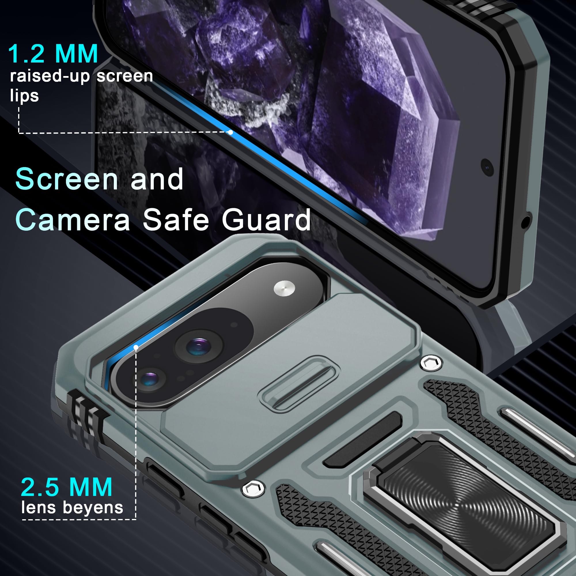 Deerlamn Case For Google Pixel 9/9 Pro With Slide Camera Cover+Screen Protector(1 Pack), Rotated Ring Kickstand Military Grade S