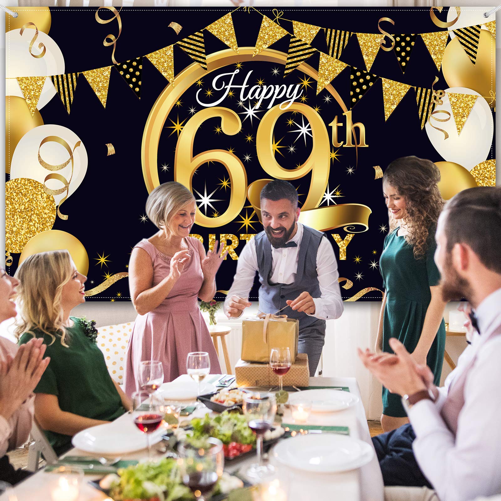 69Th Birthday Party Decoration, Extra Large Fabric Black Gold Sign Poster For 69Th Anniversary Photo Booth Backdrop Background B