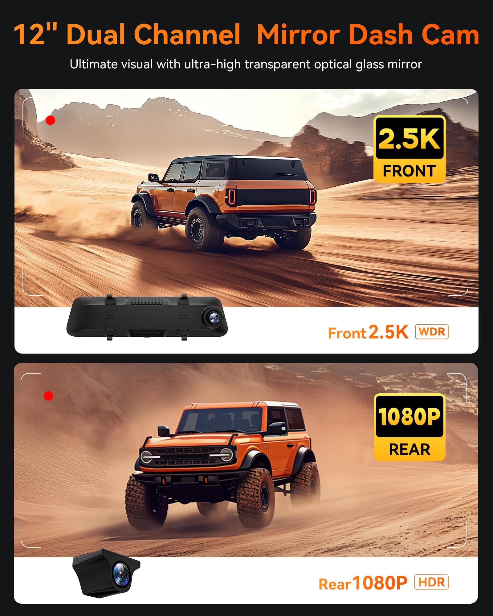 Wolfbox G840H 12 Mirror Dash Cam With Adas And Bsd, 2.5K Rear View Mirror Camera Front And Rear, 5.8Ghz Wifi, Voice Control, P