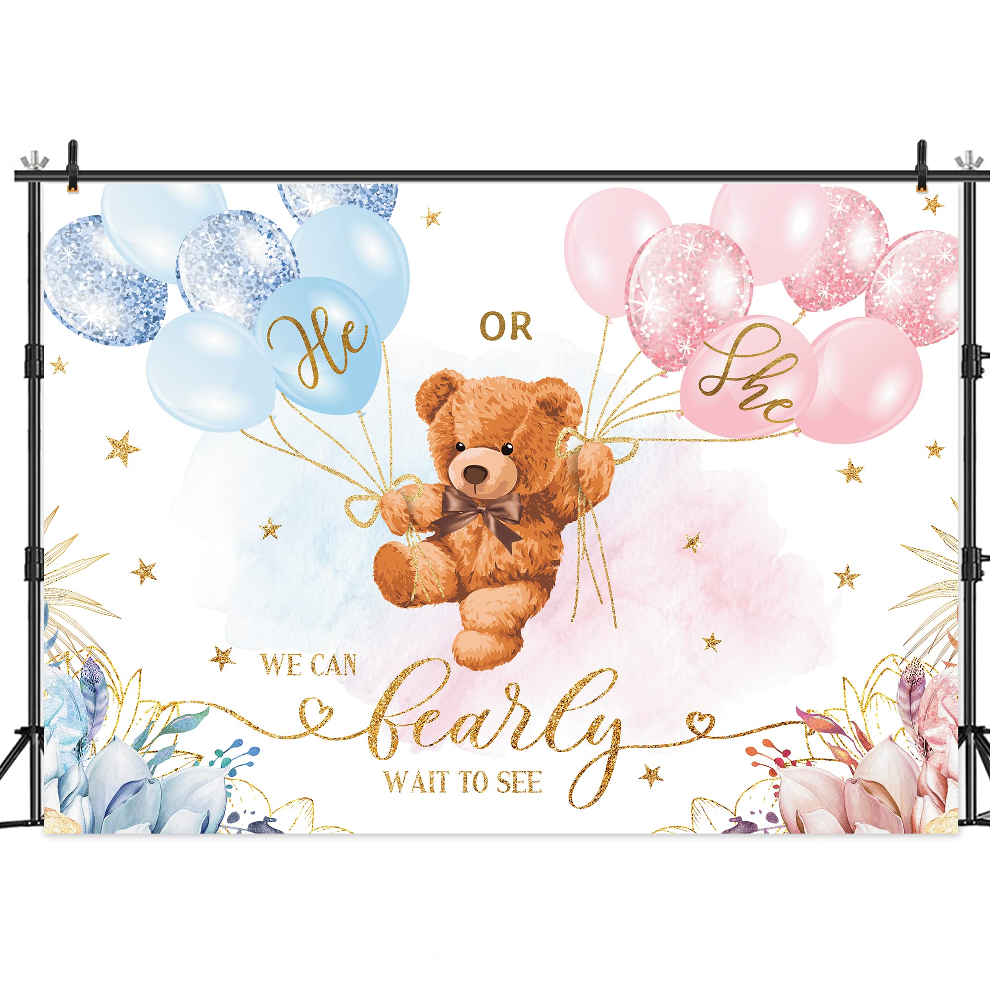 Lightinhome Bear Gender Reveal Backdrop 8Wx6H Feet He Or She Pink Or Blue Cute Floral Balloon Stars We Can Bearly Wait Baby Show