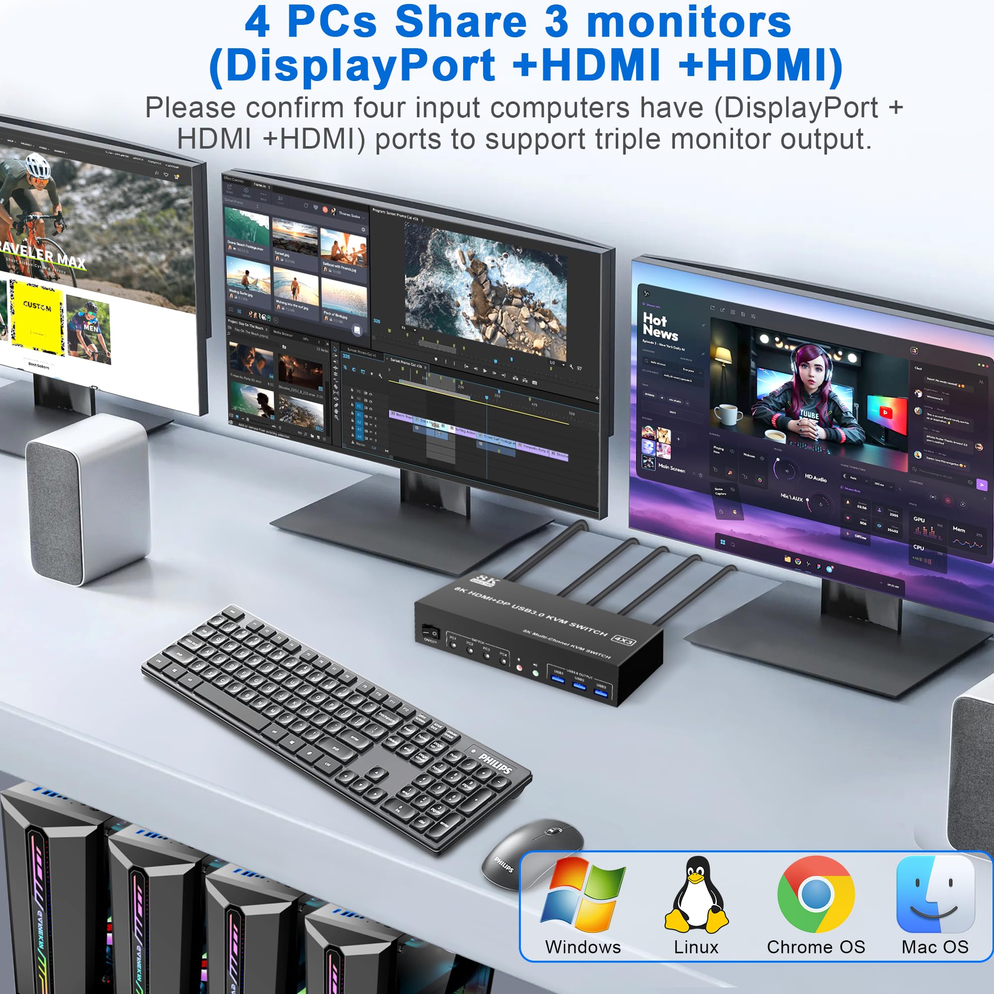 8K@60Hz Displayport +2 Hdmi Usb3.0 Kvm Switch 3 Monitors 4 Computers, 2 Hdmi 2.1 + Dp 1.4Triple Monitor Kvm Switch With Audio Mi