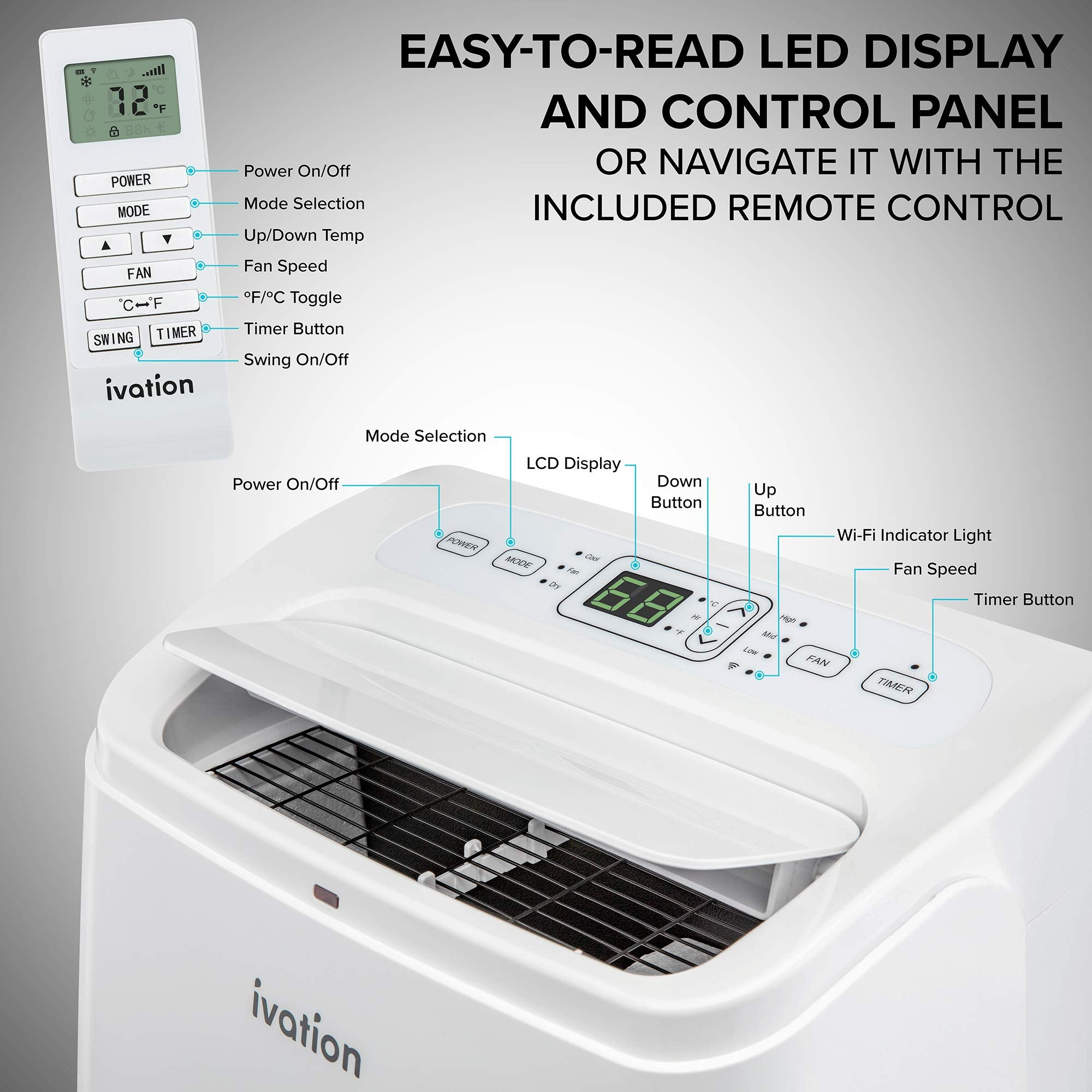 Ivation 12,000 Btu Portable Air Conditioner With Wi Fi For Rooms Up To 450 Sq Ft (8,000 Btu Sacc) 3 In 1 Smart App Control Cooling System, Dehumidifier And Fan With Remote, Exhaust Hose & Window Kit