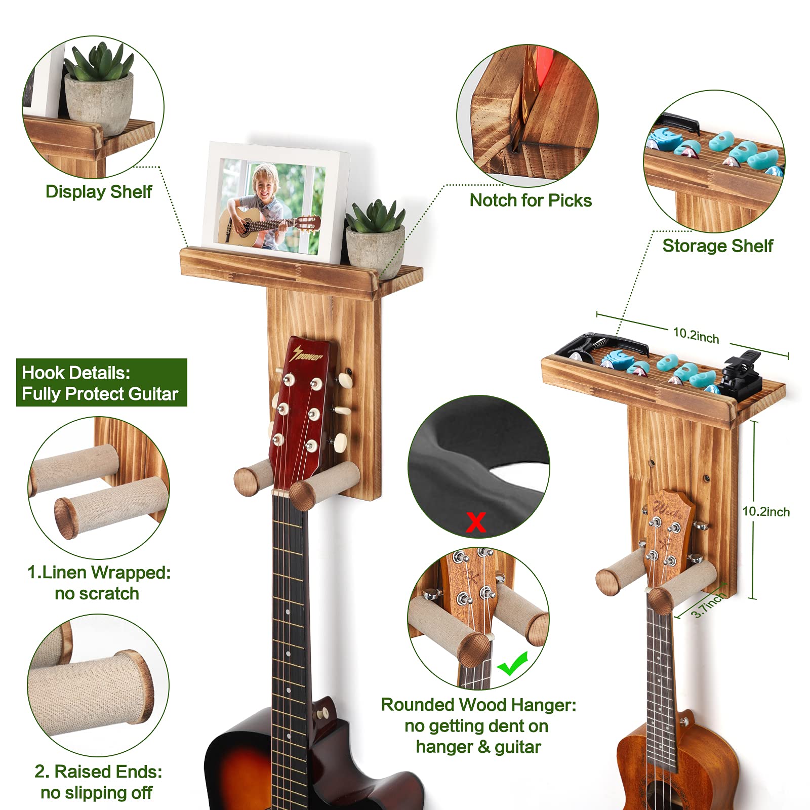 Keebofly Guitar Wall Hanger,2 Pack Guitar Wall Mount Holder Guitar Hanger Shelf With Pick Holder Solid Pine Wood Guitar Rack For