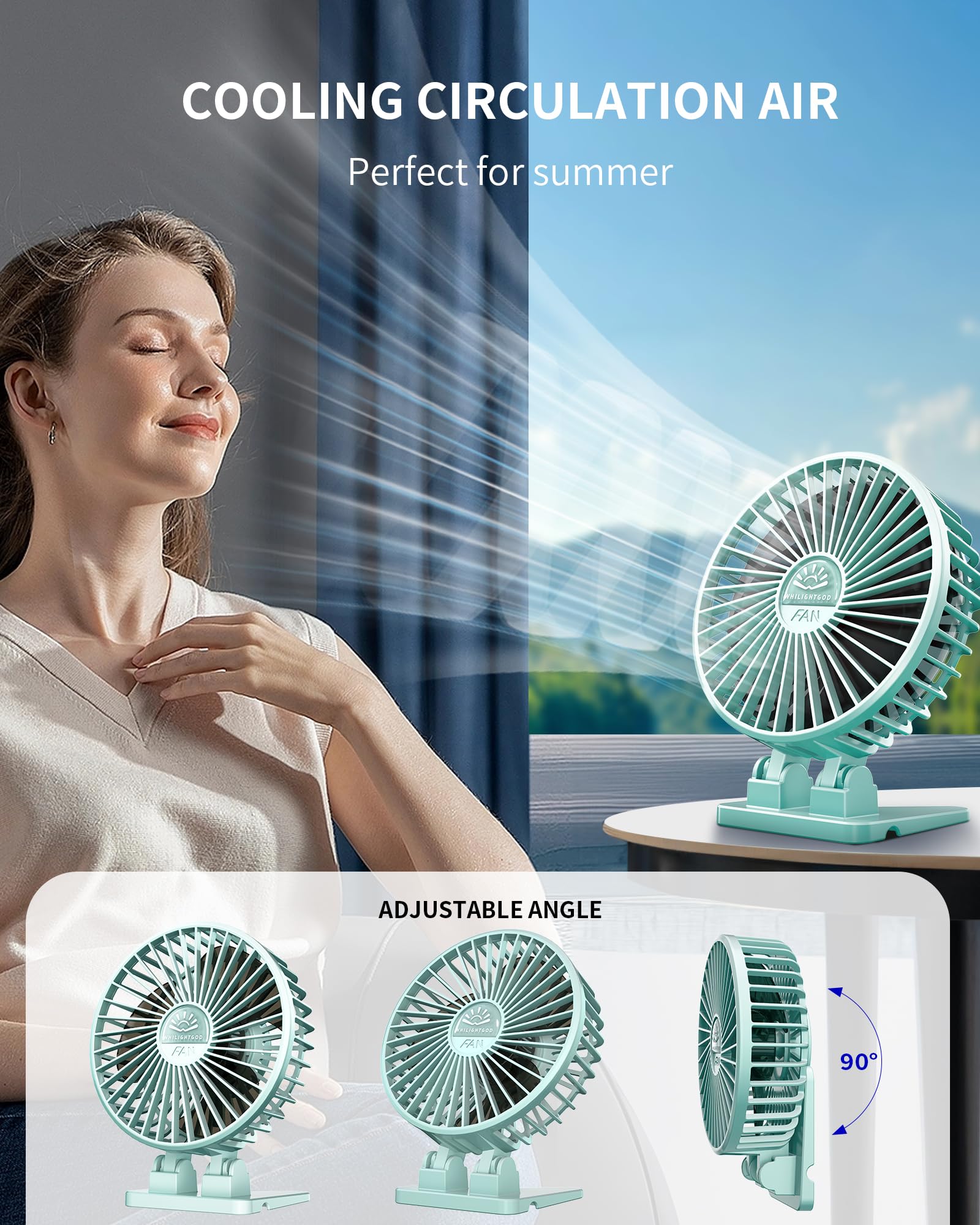 WHILIGHTGOD USB Desk Fan 3 Speed Portable Quiet Plastic Green
