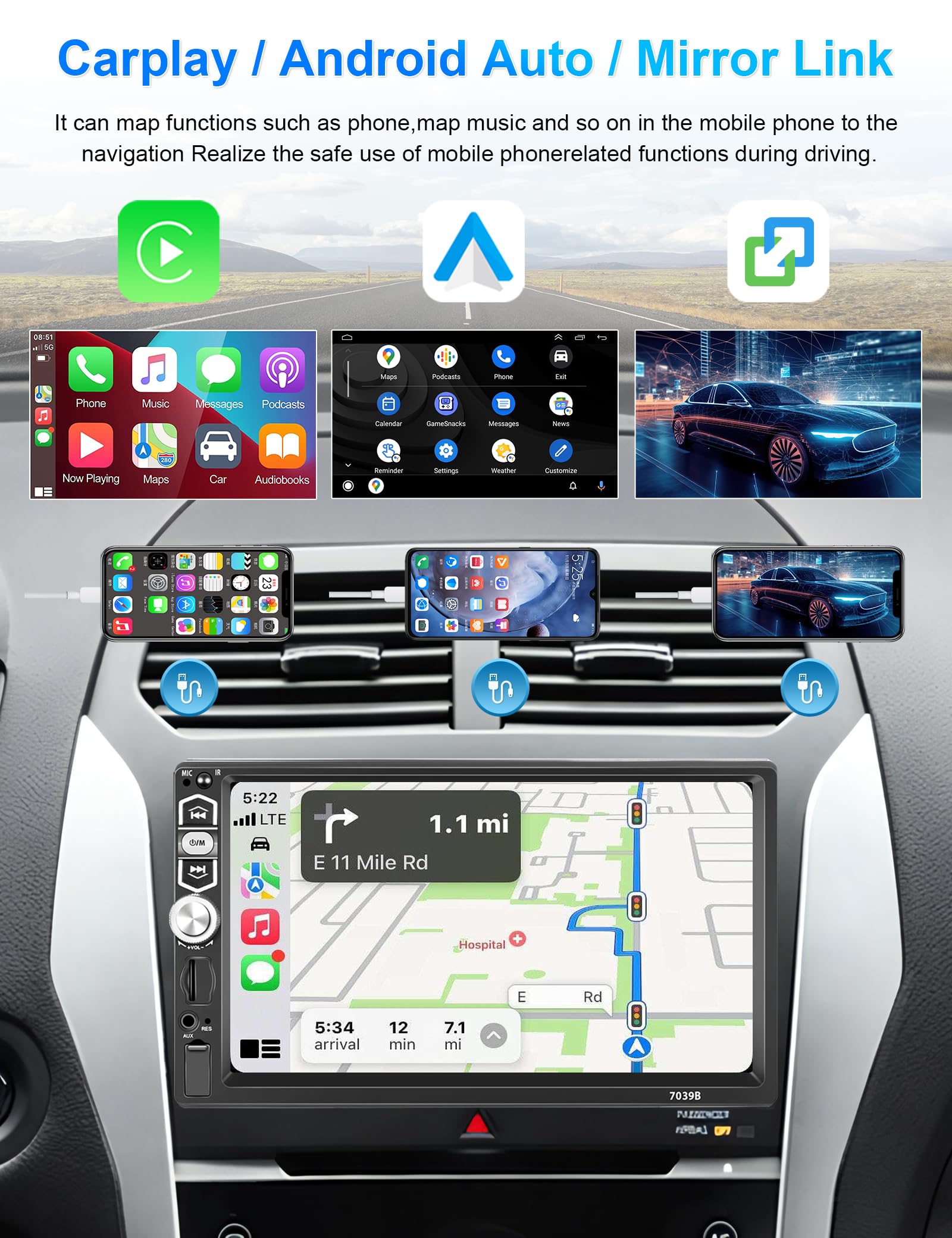 Single Din Car Stereo Radio With Apple Carplay Android Auto Bluetooth 5.1, Podofo 7 Inch Hd Ips Touchscreen Car Radio Audio Support Fm Radio Mirror Link Swc Usb/Tf/Aux In Ports+Backup Camera