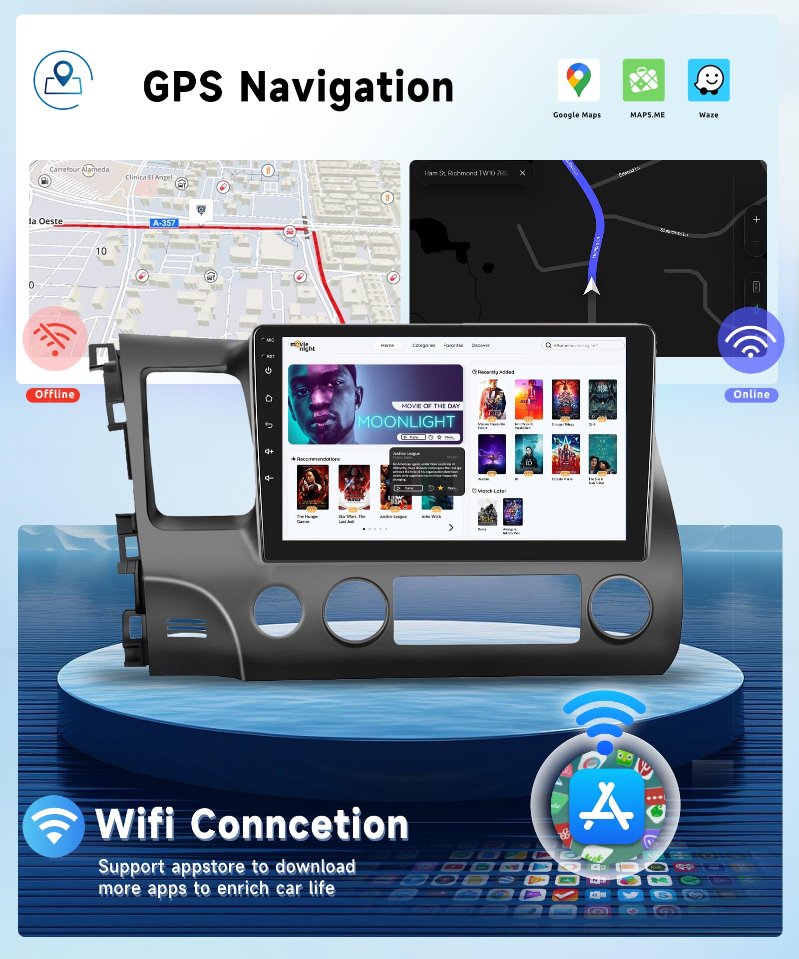 For Honda Civic 2006 2011 Wireless Carplay Android Car Stereo Support Wireless Android Auto With Wifi Gps Navigation Ahd Backup Camera Fm Rds Radio Receiver Eq Hifi Steering Wheel Controls