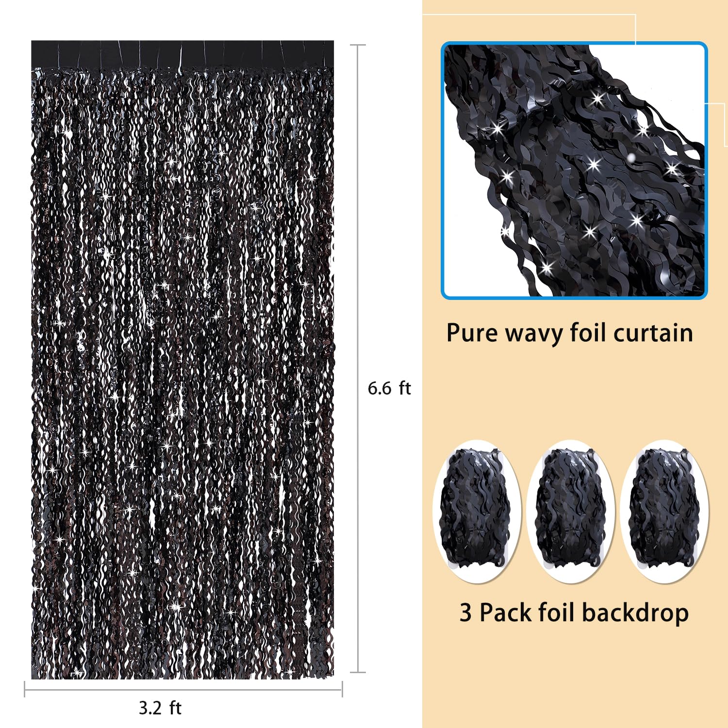 3 Pack Wavy Black Tinsel Foil Fringe Curtains Party Backdrop, 3.3 X 6.6 Ft Streamer Backdrop Tinsel Curtains For Birthday, Gradu